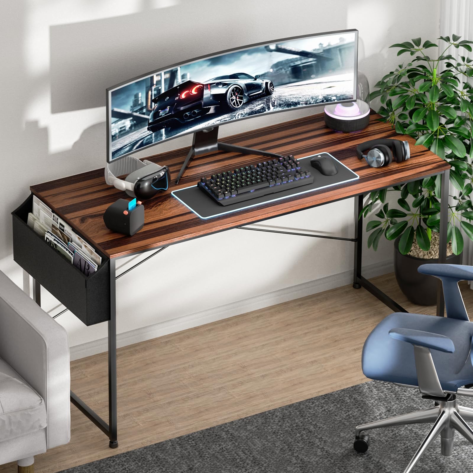 Magshion 55-Inch Home Office Computer Desk with Storage Bag - Modern Simple Laptop Study Writing Table in Brown - Perfect for Small Spaces, Dorm Rooms & Home Office Workstations