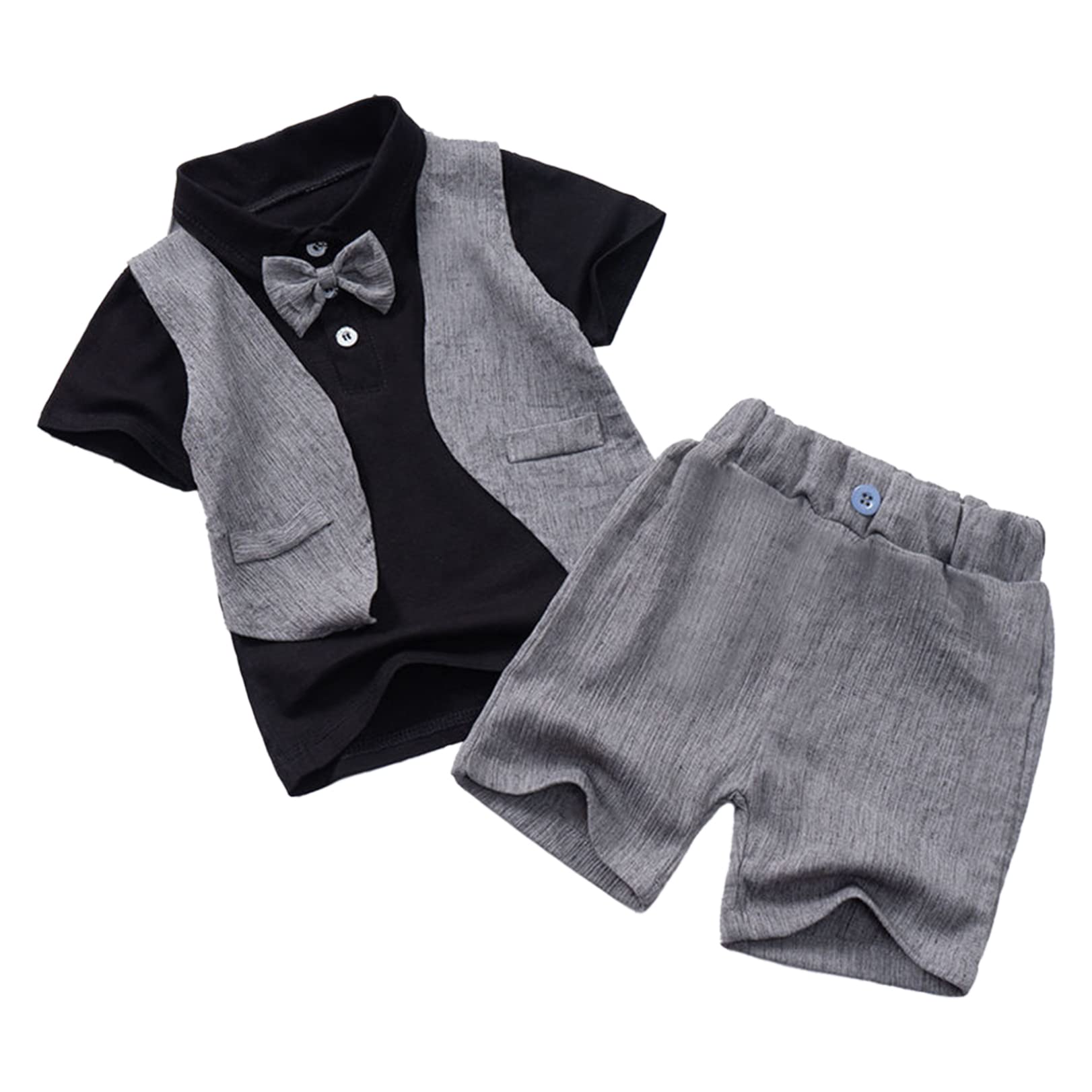 JEATHA Boys Formal Suits Set - Short Sleeve Tuxedo with Bow Tie & Waistcoat + Shorts | Elegant Gentleman Outfit for Weddings, Parties & Special Occasions