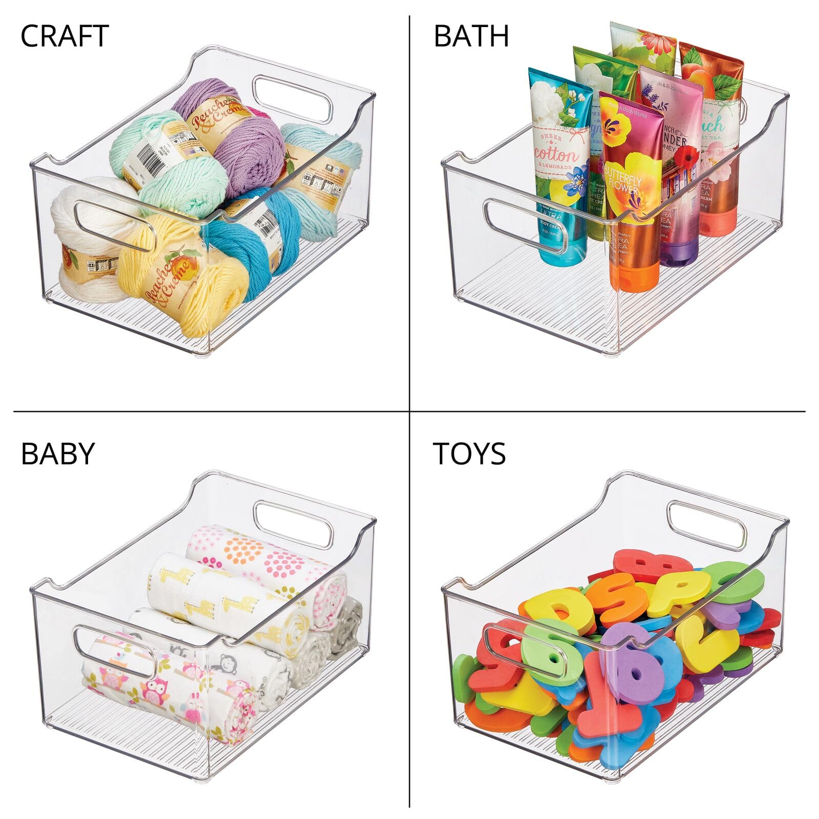 mDesign Clear Plastic Storage Bins with Handles - 4 Pack Kitchen & Pantry Organizer for Fruits, Vegetables, Snacks, Drinks - Perfect for Cabinet, Shelf, Fridge & Freezer Organization