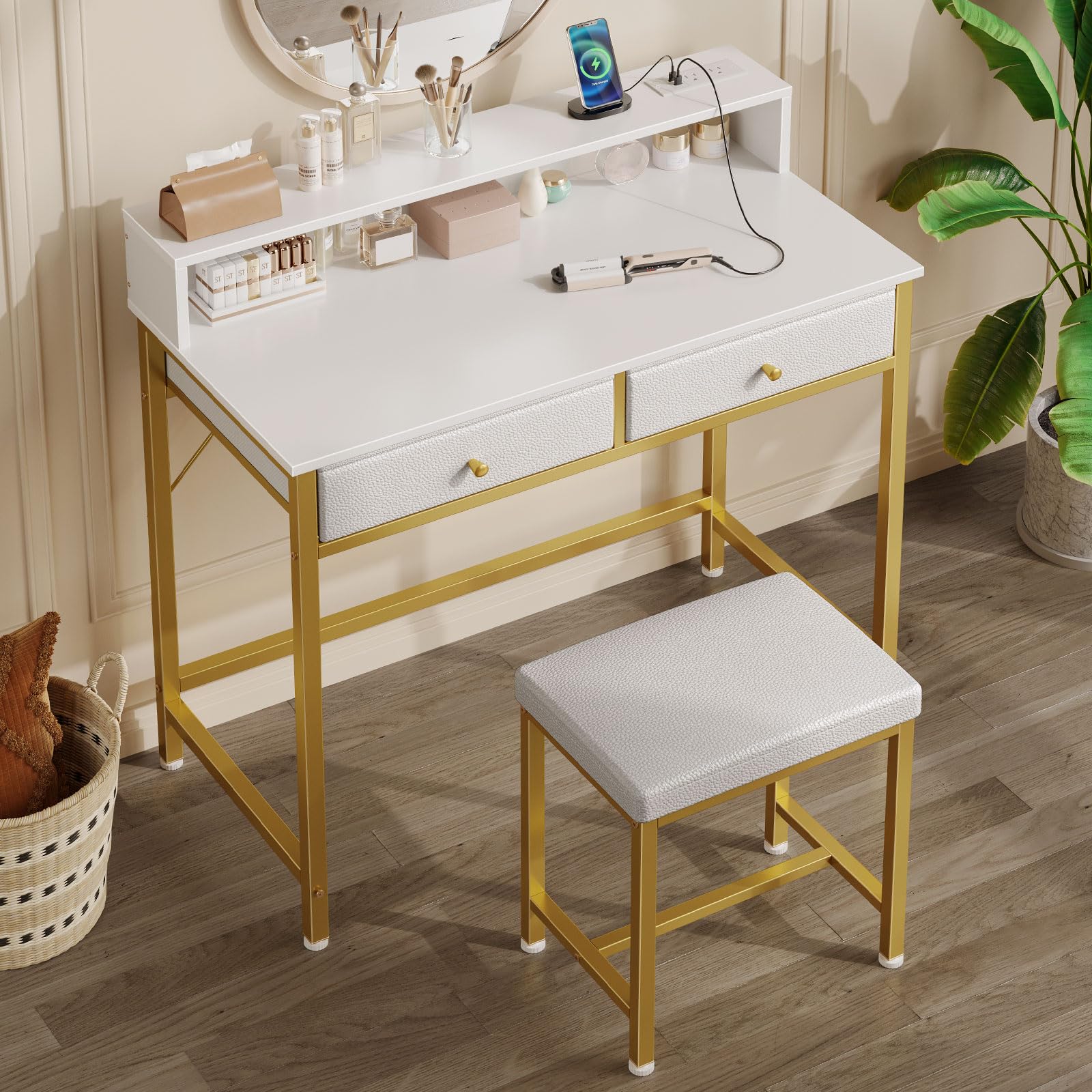 Seventable Vanity Desk Without Mirror - White & Gold Makeup Vanity with Drawers, Charging Station & Storage | Small Space Bedroom Desk, Home Office Computer Table | Perfect for Cosmetics Organization, Work from Home & Apartment Living