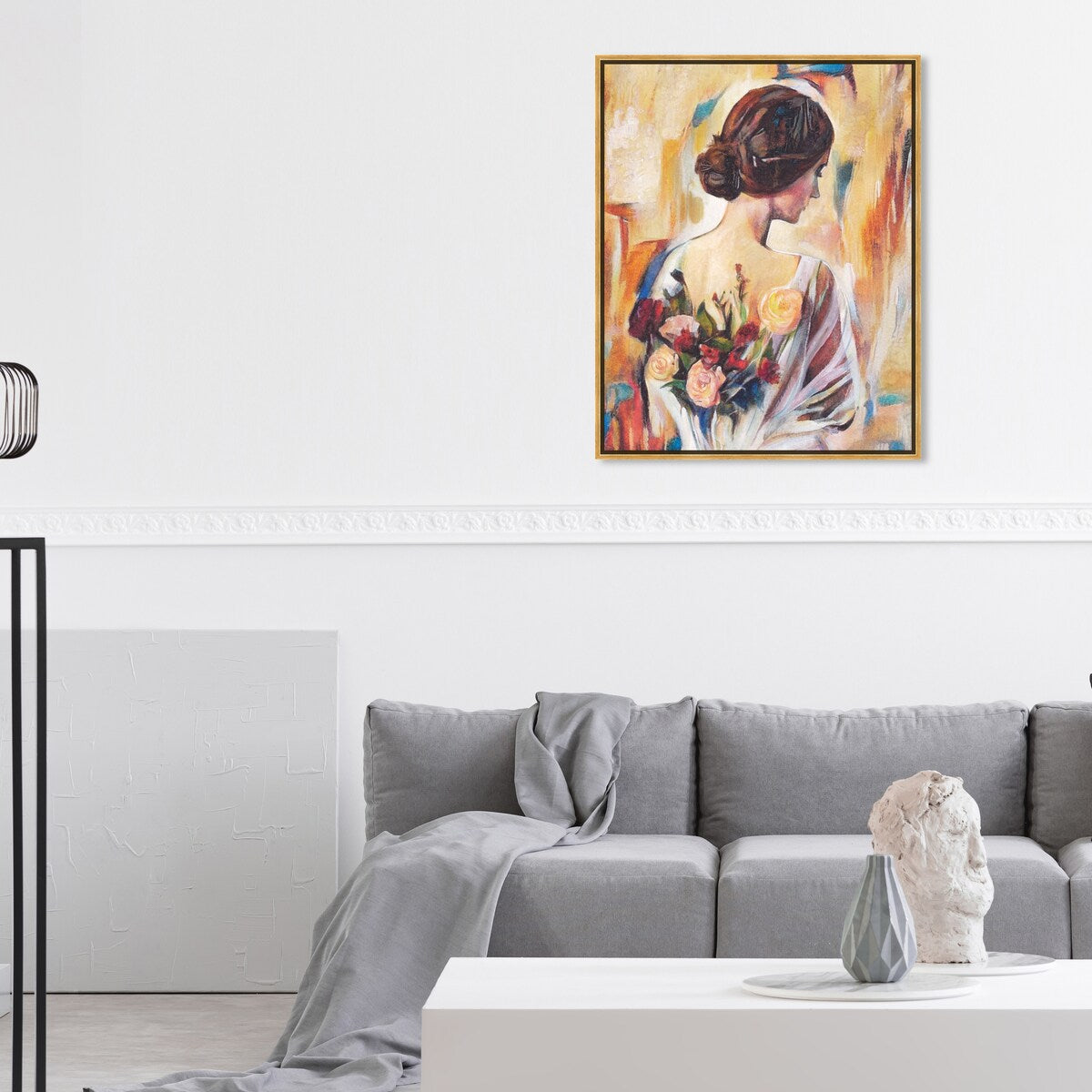 Modern White Framed Canvas Wall Art Print - Floral Back and Flowers Design for Women, Elegant Home Decor for Bedroom, Living Room & Office