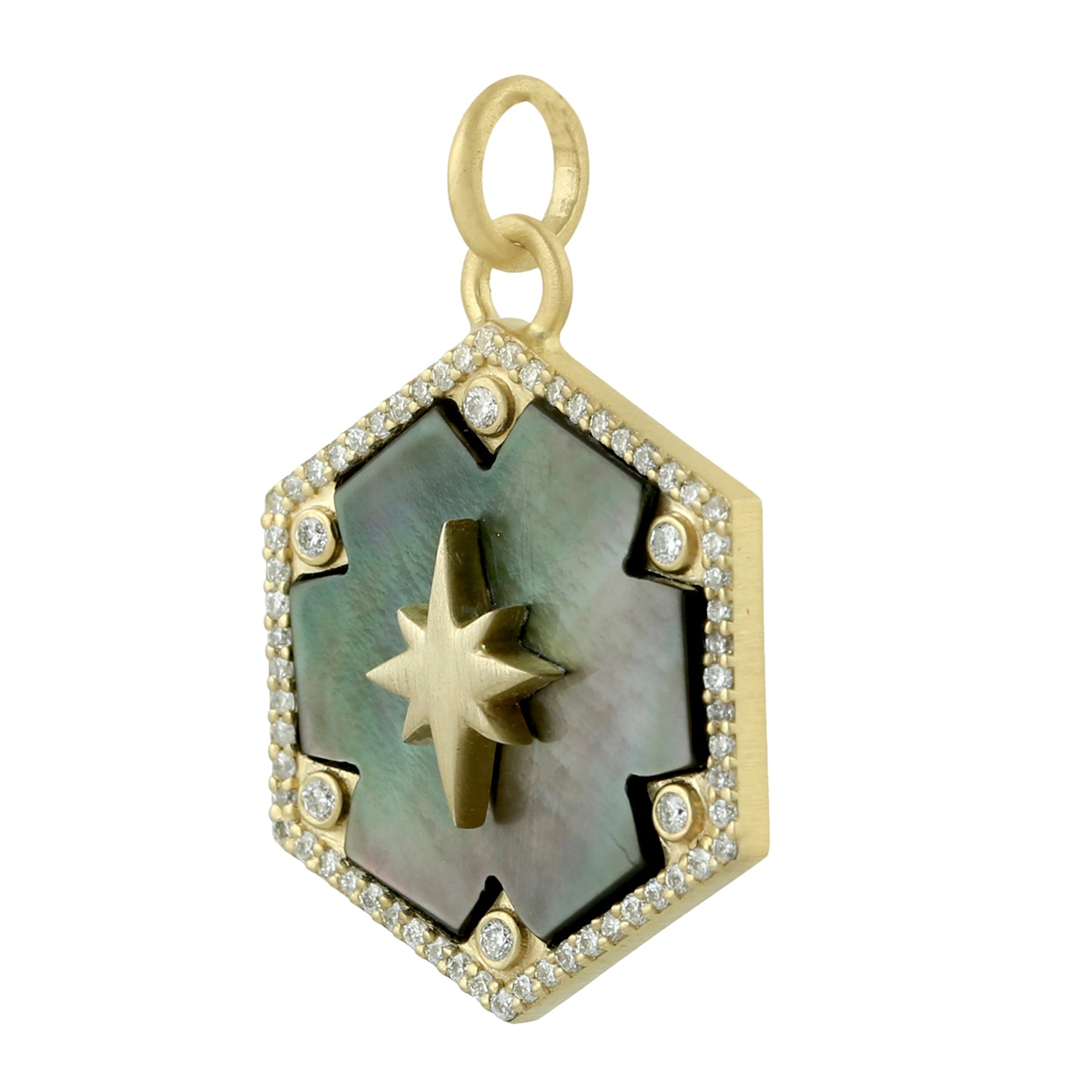 14K Yellow Gold Hexagon Cut Mother of Pearl Pave Diamond Pendant Necklace - Elegant Jewelry Gift for Women, Birthday, Anniversary & Special Occasions
