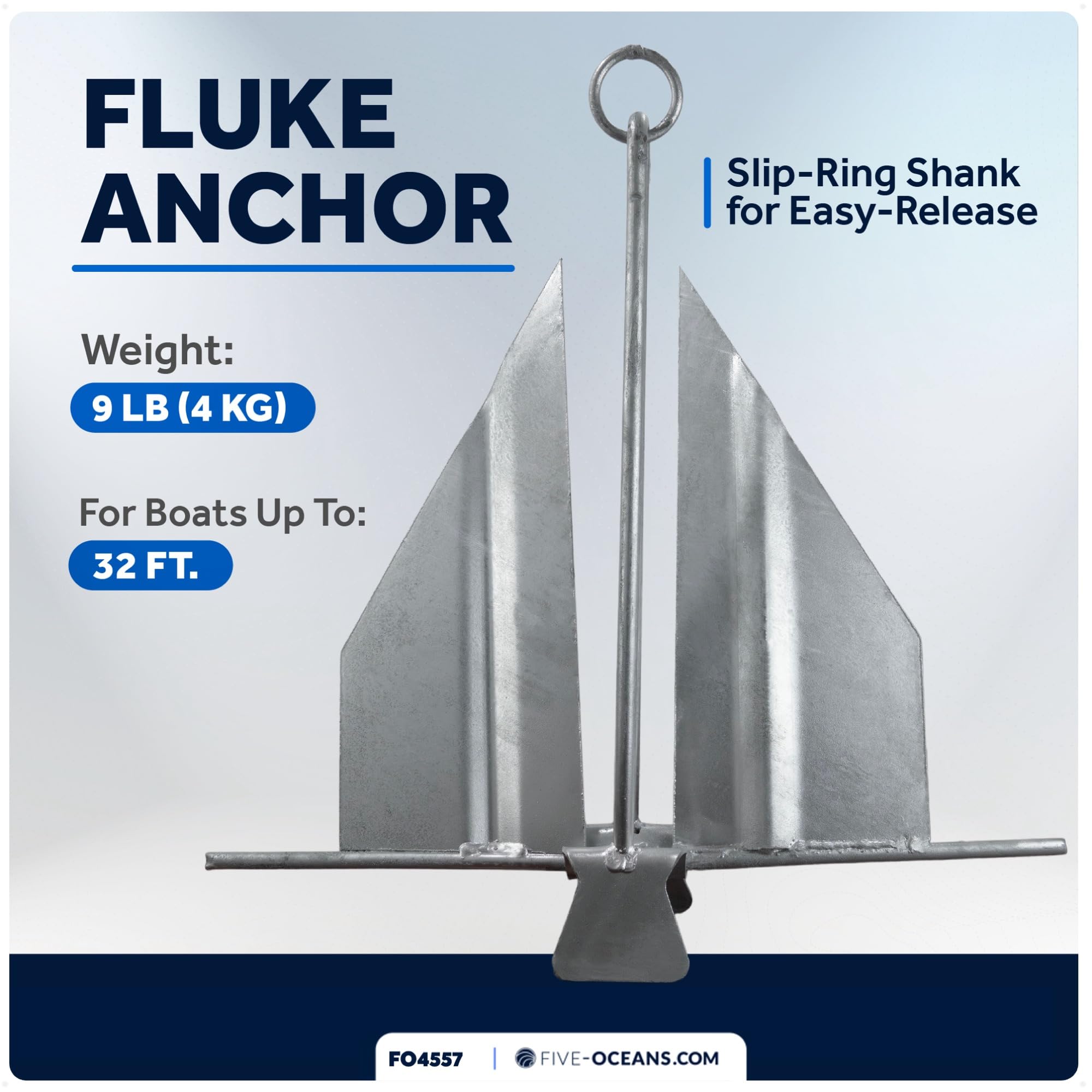 Five Oceans Heavy-Duty Galvanized Steel Fluke Boat Anchor with Slip Ring - Perfect for Kayaks, Dinghies, Paddleboards, Canoes & Personal Watercrafts - Multiple Sizes Available for Secure Mooring in Lakes, Rivers & Coastal Waters