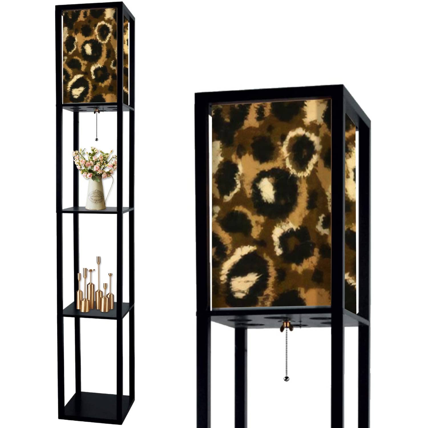 Leopard Print Floor Lamp with Shelves - Realistic Fur Texture, Linen Fabric Shade, Modern Standing LED Light for Living Room & Bedroom Decor | Perfect for Reading Nook, Home Office Lighting, and Cozy Corner Ambience