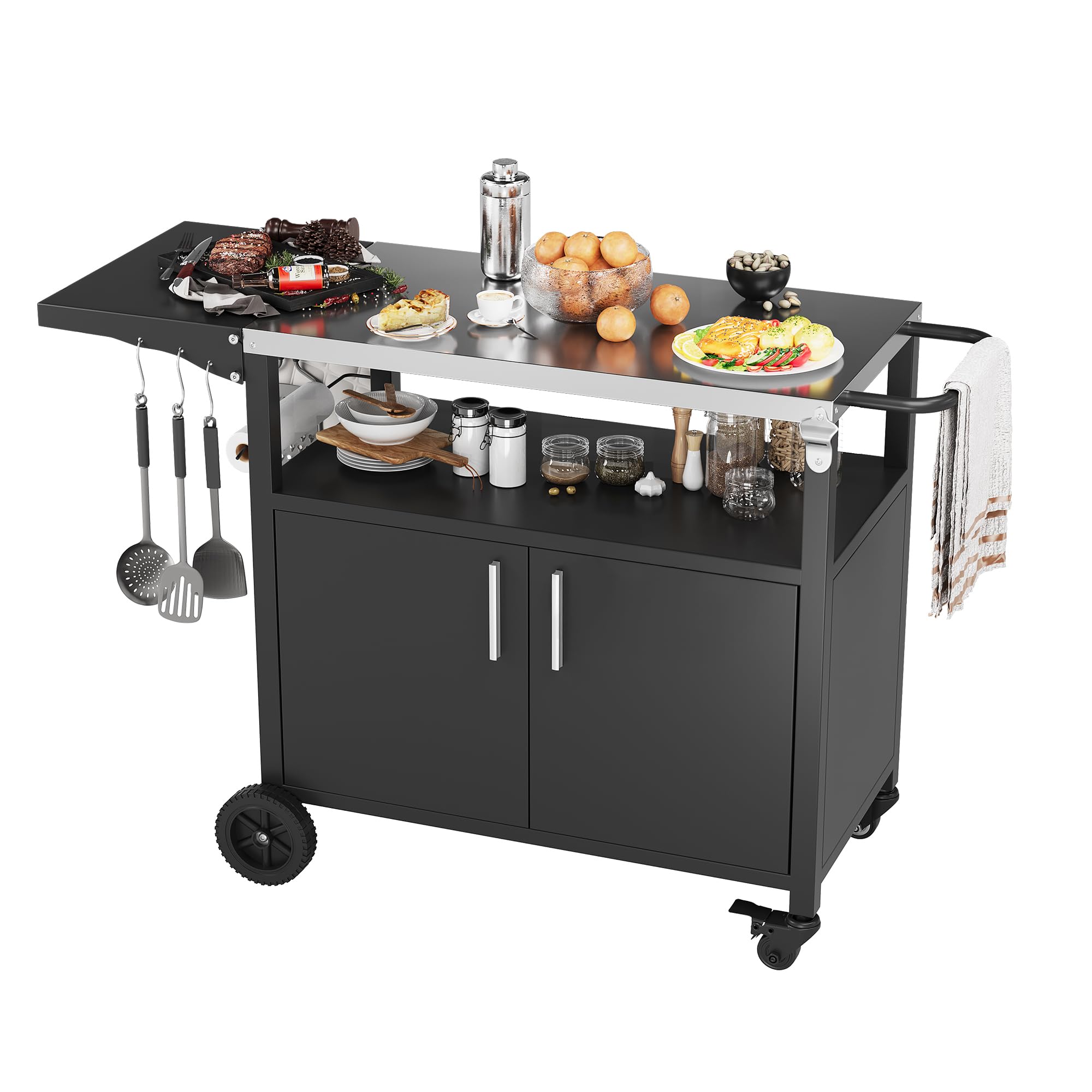 Premium Outdoor Grill Cart with Storage & Wheels - Patio Kitchen Island BBQ Table, Movable Pizza Oven Stand with Foldable Tabletop & Cabinet - Perfect for Backyard Cooking, Tailgating & Camping (Black)