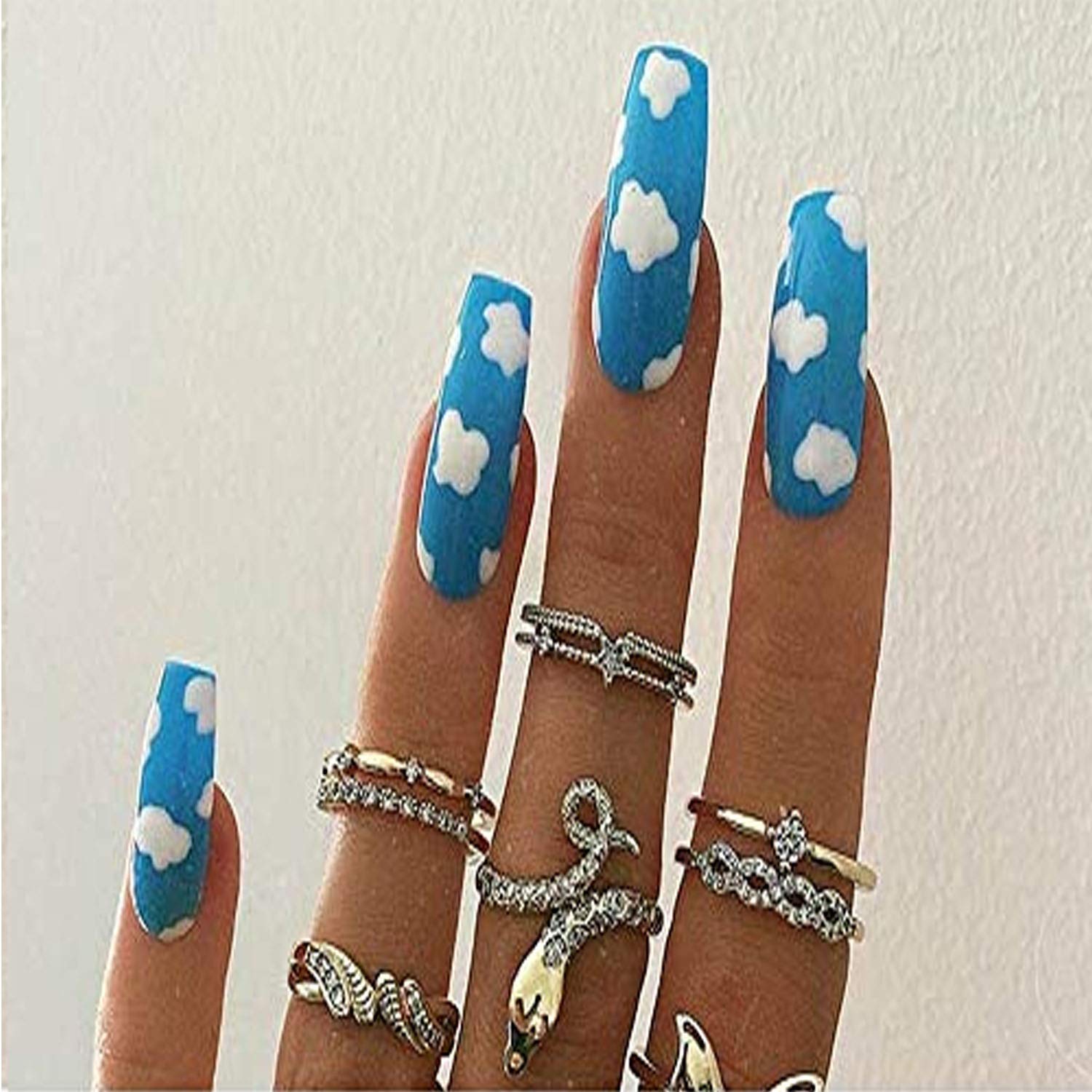 24PCS Blue Fake Nails with Rhinestones - Long Coffin Press on Nails for DIY Manicure & Party