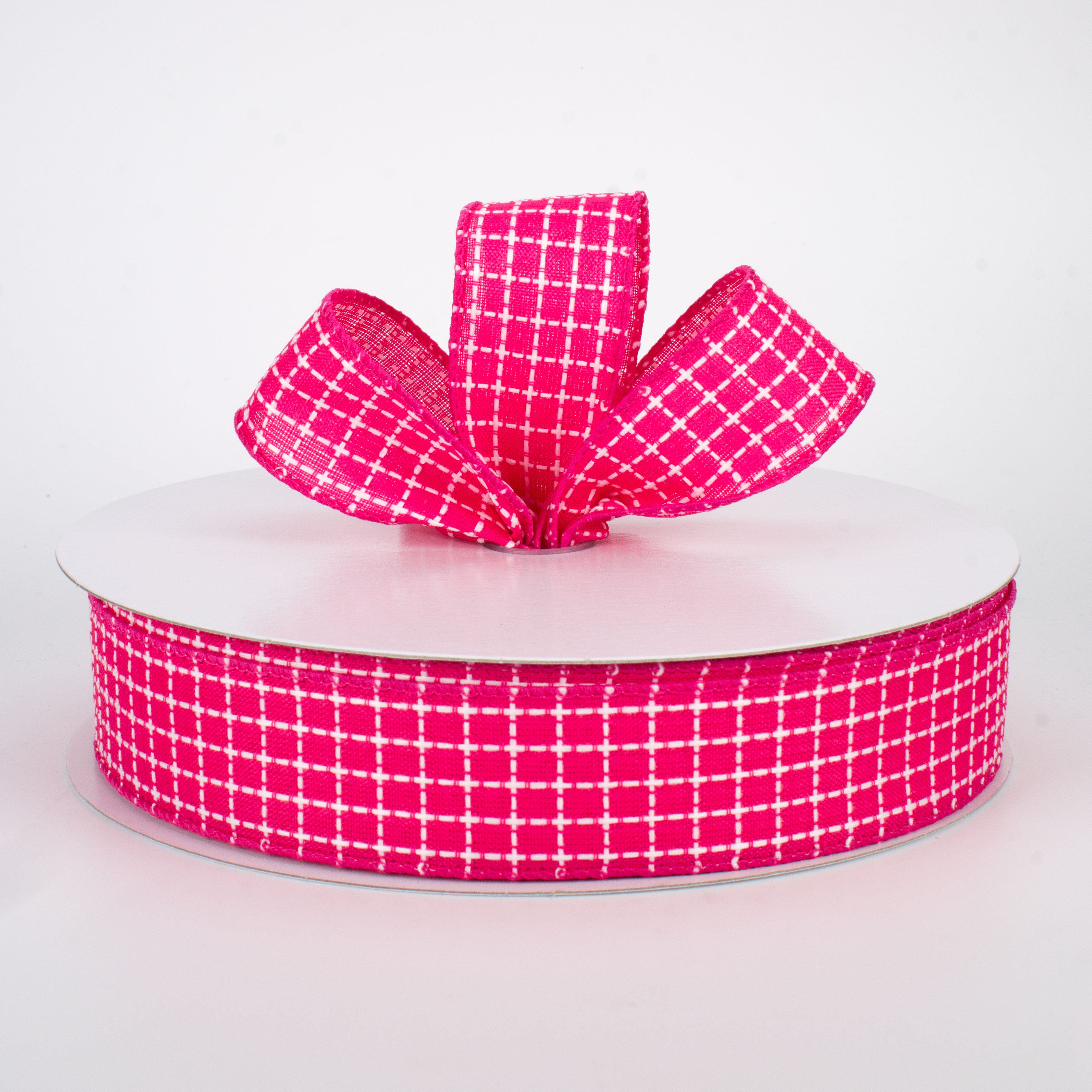1.5 Inch Embroidered Stitched Squares Ribbon - Fuchsia Pink (50 Yards) - Perfect for DIY Crafts, Gift Wrapping, Hair Bows & Scrapbooking