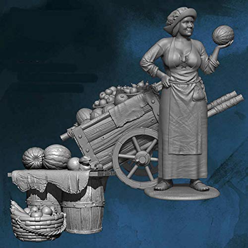 28mm Heroic Scale Unpainted Miniature - Vegetable Seller with Cart & Fruit Barrels for Tabletop RPG, Wargaming, and Diorama Scenes