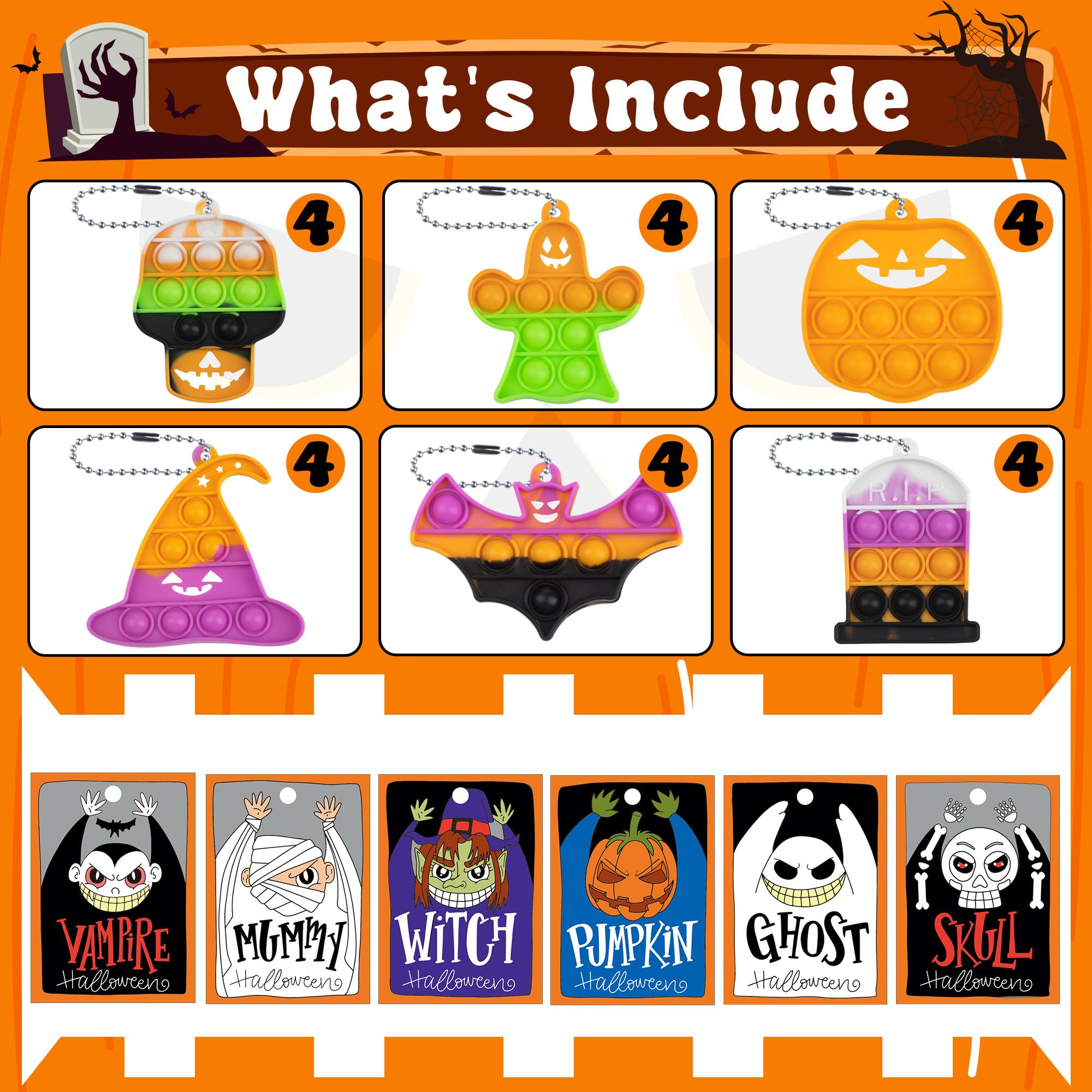24 Pack Halloween Fidget Toys Bulk Set - Sensory Keychain Stress Relief Toys with Gift Card, No Candy Trick or Treat Favors for Kids, Toddlers - Perfect for Halloween Party Goodie Bags, Classroom Prizes, Birthday Gifts & School Events