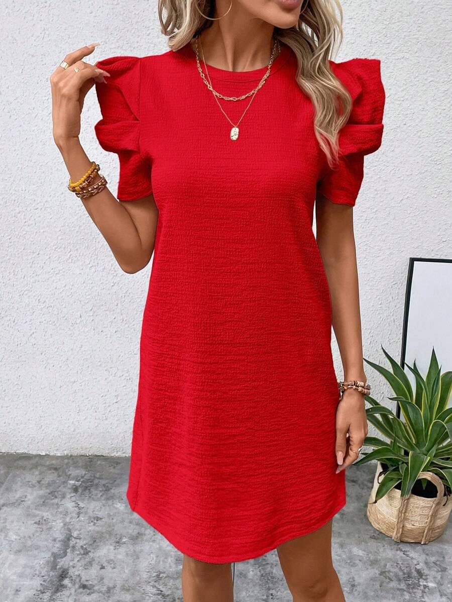 Stylish Narecte Summer Dresses for Women - Puff Sleeve Casual T-Shirt Dress, Solid Color Tunic Work Dress - Perfect for Office, Beach & Weekend Outings