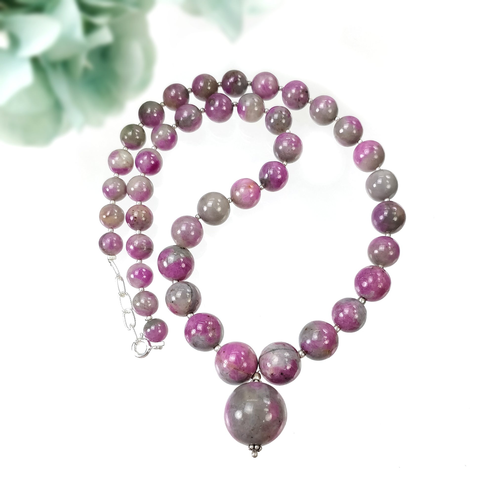 Natural Untreated Bi-Color Zoisite Ruby Gemstone Necklace - 334.15cts Genuine Ruby Balls with 925 Sterling Silver (7mm, 17mm, 18mm) | Elegant Jewelry for Women, Perfect Gift for Birthday, Anniversary & Special Occasions