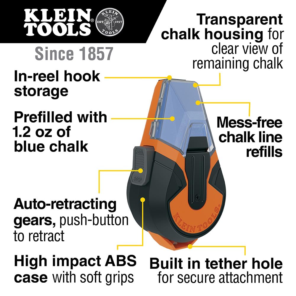 Klein Tools CHLK50B 50-Foot Auto Retracting Chalk Line Reel - High Visibility Blue Chalk, Mess-Free Storage & Easy Tension Control - Perfect for Construction, Carpentry & DIY Projects