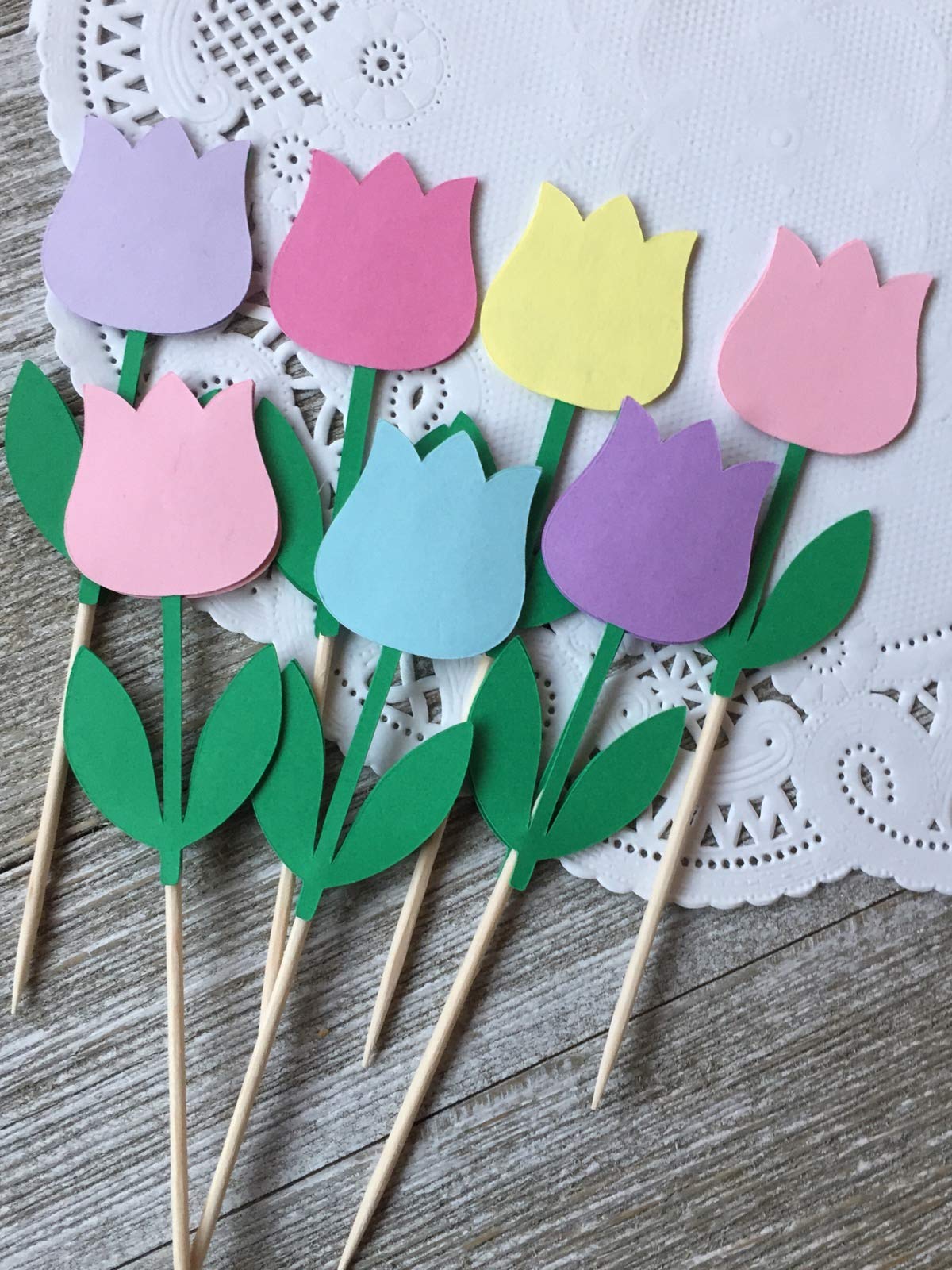Spring Tulip Cupcake Toppers - Easter Party Decorations - Mother's Day Food Picks - Floral Baking Supplies for Cupcakes, Cakes & Desserts - Perfect for Birthday, Wedding & Baby Shower Celebrations