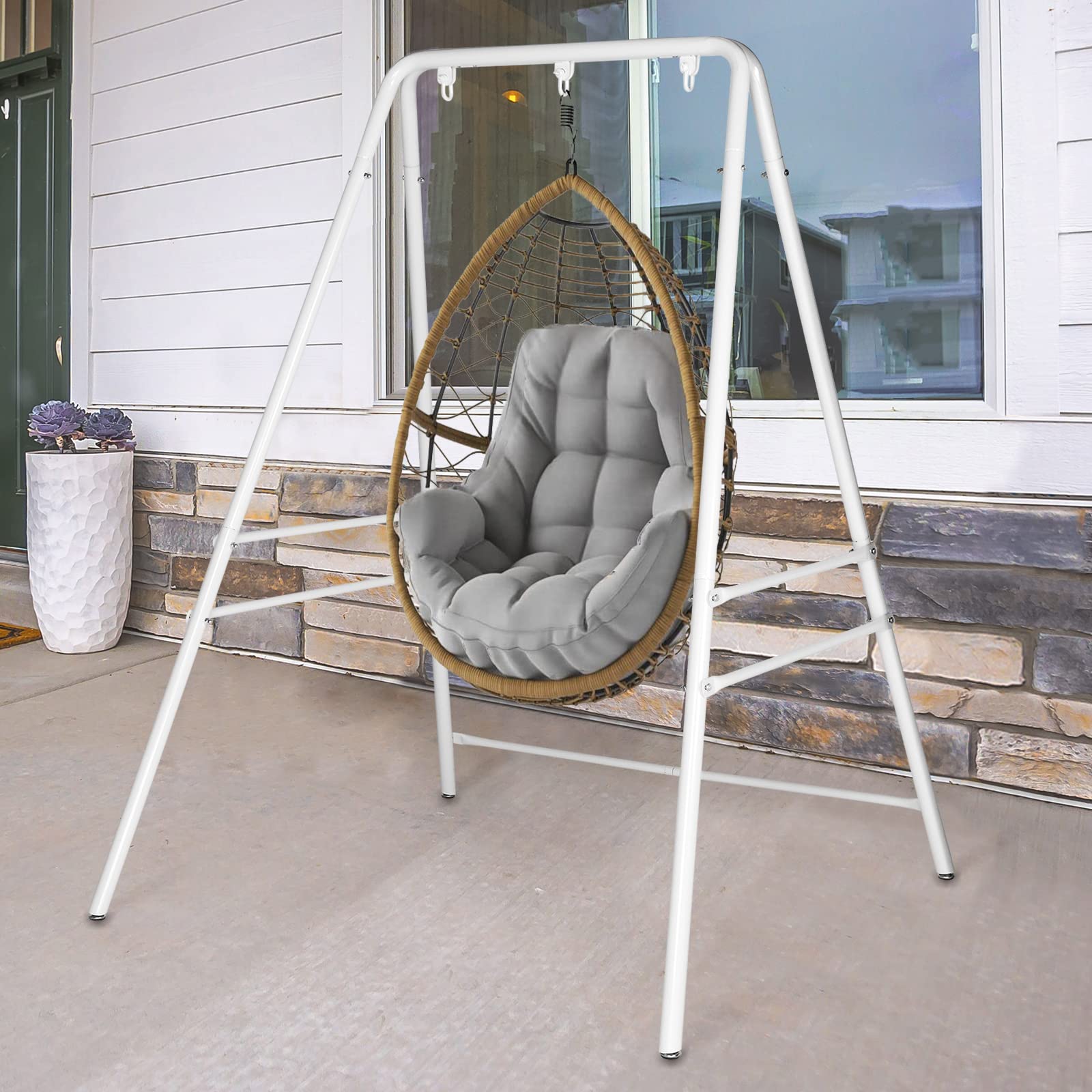 Heavy-Duty Wrought Iron Hammock Chair Stand with 3 Rings - Adjustable 4-Legged Swing Stand for Indoor/Outdoor Use - Sensory Swing Stand with Non-Slip Foot Pads - Perfect for Porch, Patio, Garden, Nursery or Meditation Space (White)