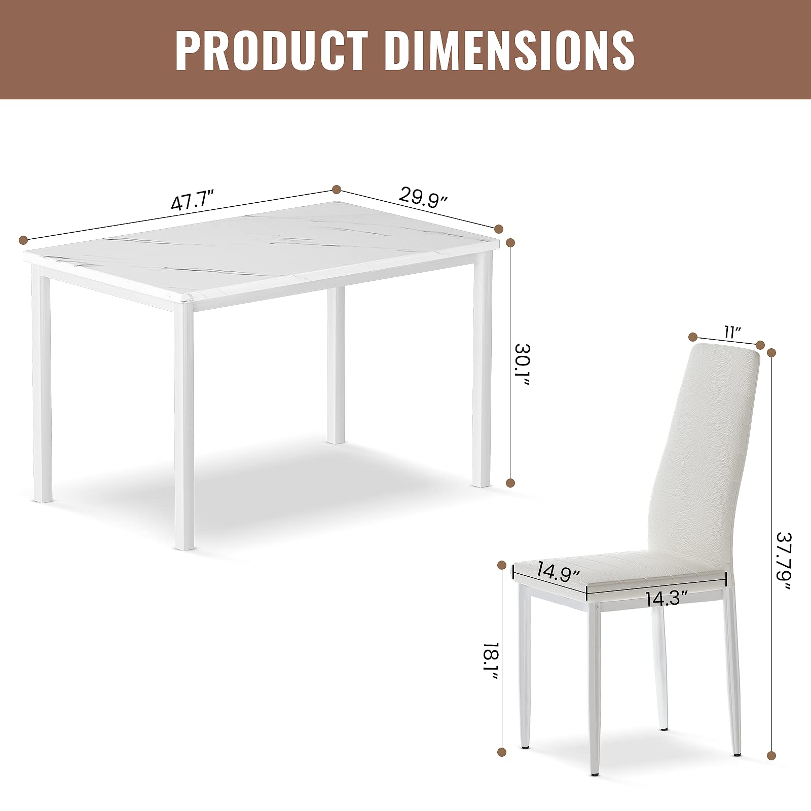 Modern 5-Piece Dining Table Set for 4 - White Faux Marble Kitchen Table with Upholstered Leather Chairs | Space-Saving Dining Room Furniture for Small Spaces, Breakfast Nook & Apartment Dinette | Perfect for Family Meals, Entertaining Guests & Cozy Dining