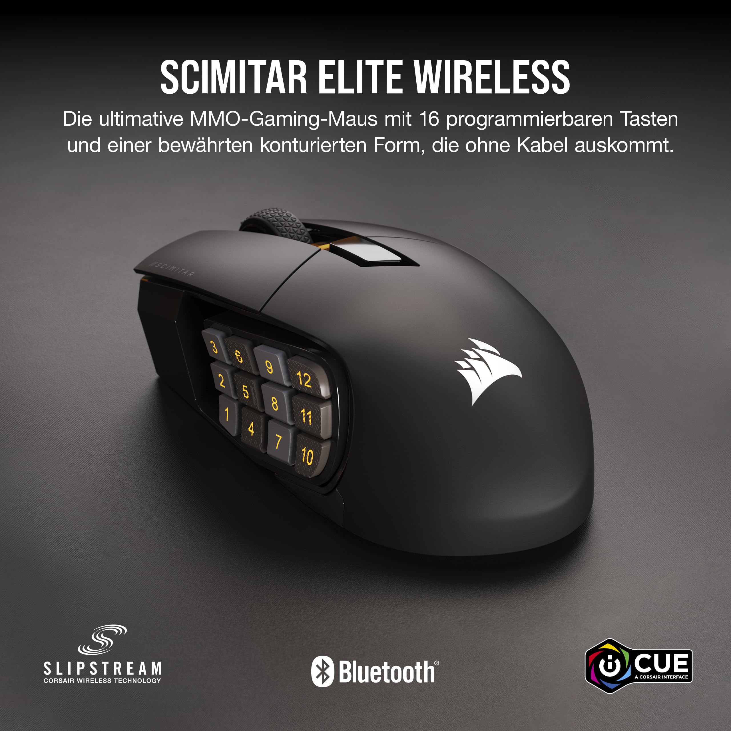 CORSAIR SCIMITAR ELITE WIRELESS MMO Gaming Mouse - 26,000 DPI Optical Sensor - 16 Programmable Buttons - Up to 150 Hours Battery Life - iCUE Software Compatible - RGB Lighting - Ergonomic Design for PC, PS5, PS4, Xbox - Black | Perfect for MMORPG, FPS, and Long Gaming Sessions