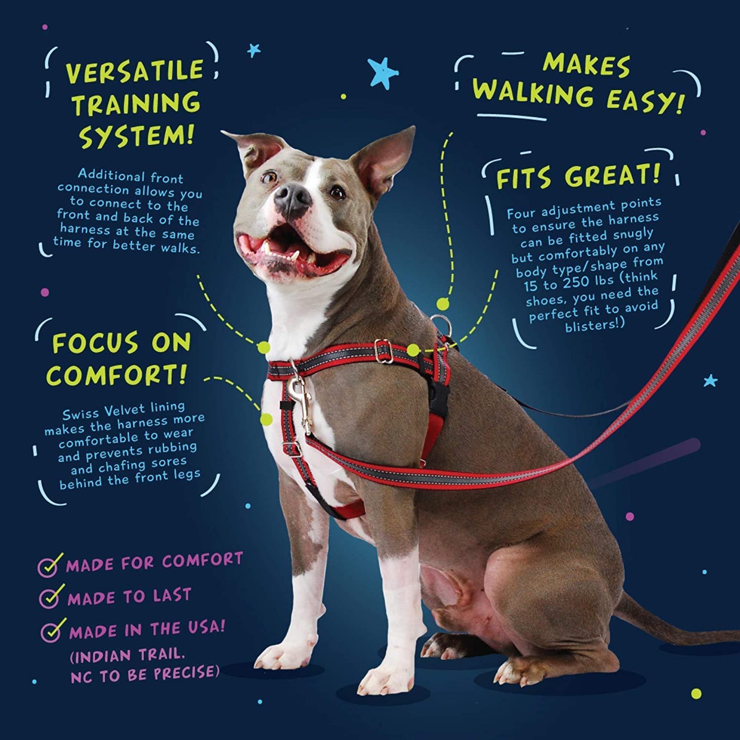 2 Hounds Design Freedom No Pull Dog Harness - Adjustable Pet Harness and Leash Set for Easy Walking & Comfortable Control - Fits Small, Medium & Large Dogs - Navy Blue Solid Color - Made in USA - Perfect for Training, Hiking, and Daily Walks