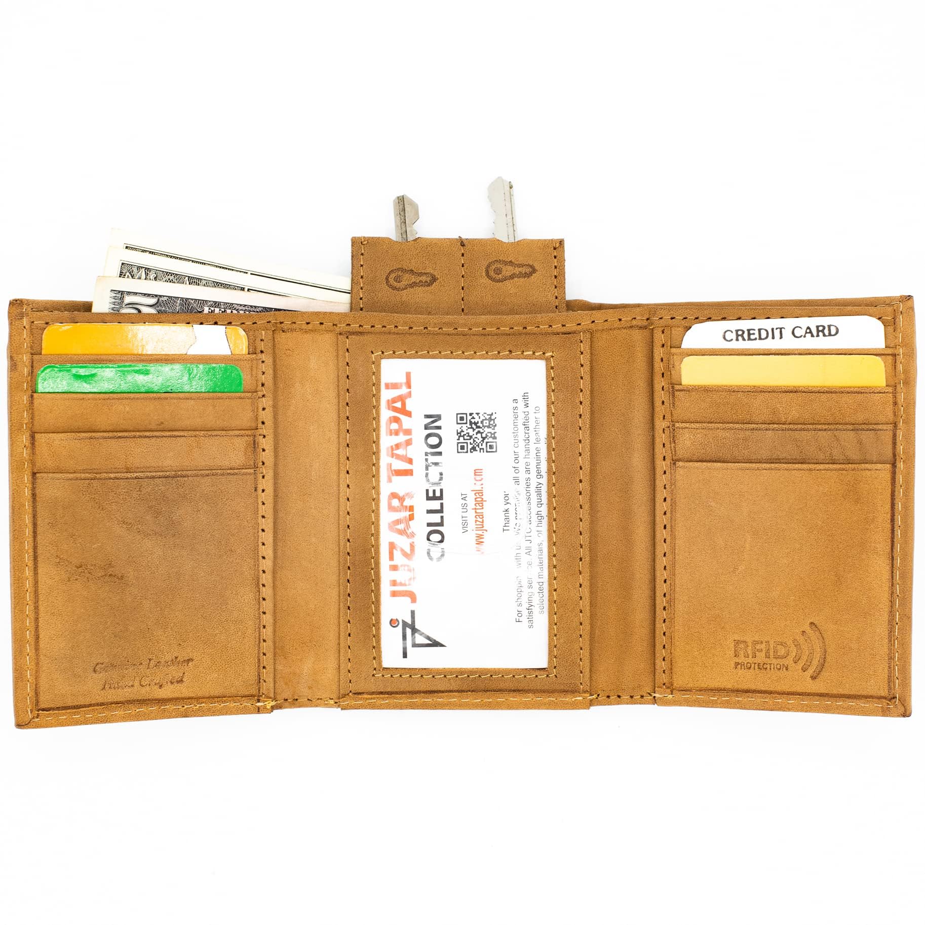 RFID Blocking Men’s Trifold Leather Wallet with Thumb ID Window, Key Holder & YKK Zippered Bill Slot – Premium Khaki Tan Gift Pouch – Ideal for Travel, Business & Everyday Use