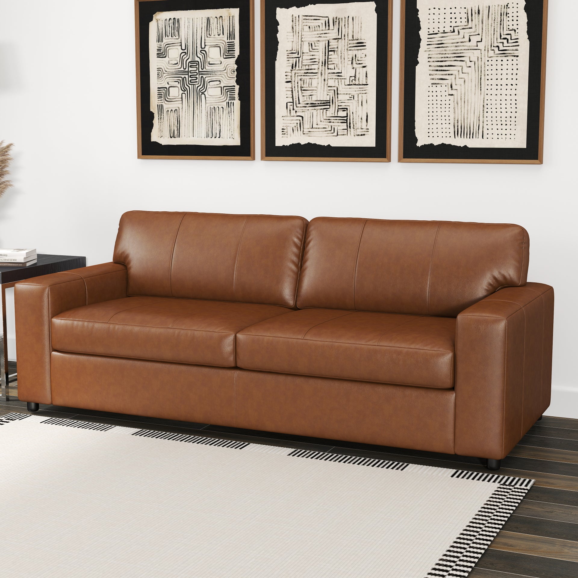 Roundhill Furniture Sakan Genuine Leather Upholstered Sofa - Modern Living Room Couch for Home, Office & Lounge Comfort