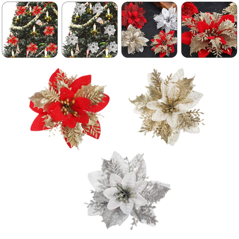 15Pcs Christmas Poinsettias Artificial Flowers - Mini Gold Dust Floral Decor for DIY Garland, Tree, Wreath & Holiday Home Decoration | Perfect for Xmas Party, Mantel, Table Centerpiece