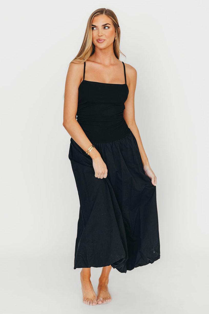 Black Henley Bubble Hem Midi Dress - Flowy Casual Summer Dress for Women, Perfect for Beach Vacations, Date Nights & Brunch Outings