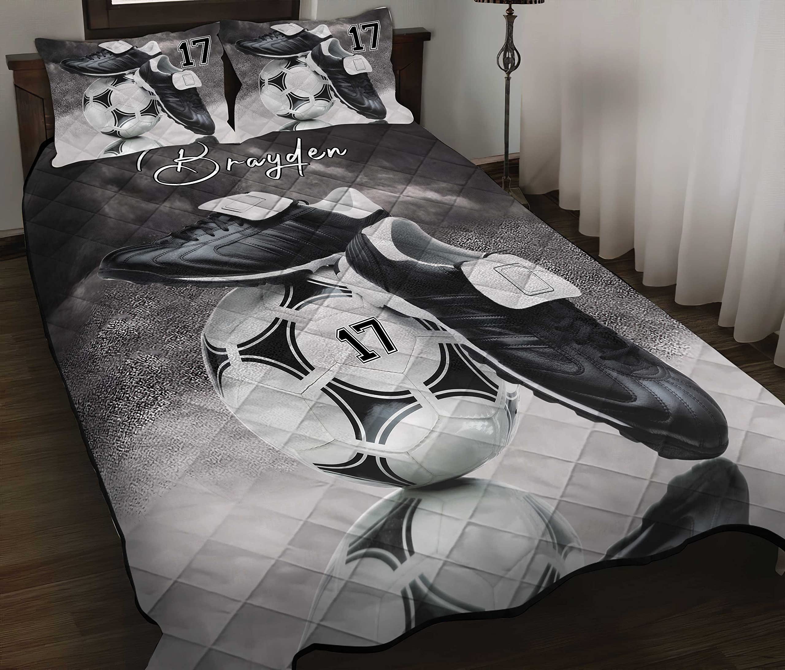 Personalized Soccer Shoes & Ball Quilt Set - Custom Name Soccer Bedding for Boys, Queen Size Sport Themed Bed Set - Perfect Gift for Soccer Fans & Birthday Presents - Ideal for Bedrooms, Dorms, and Sports Themed Decor