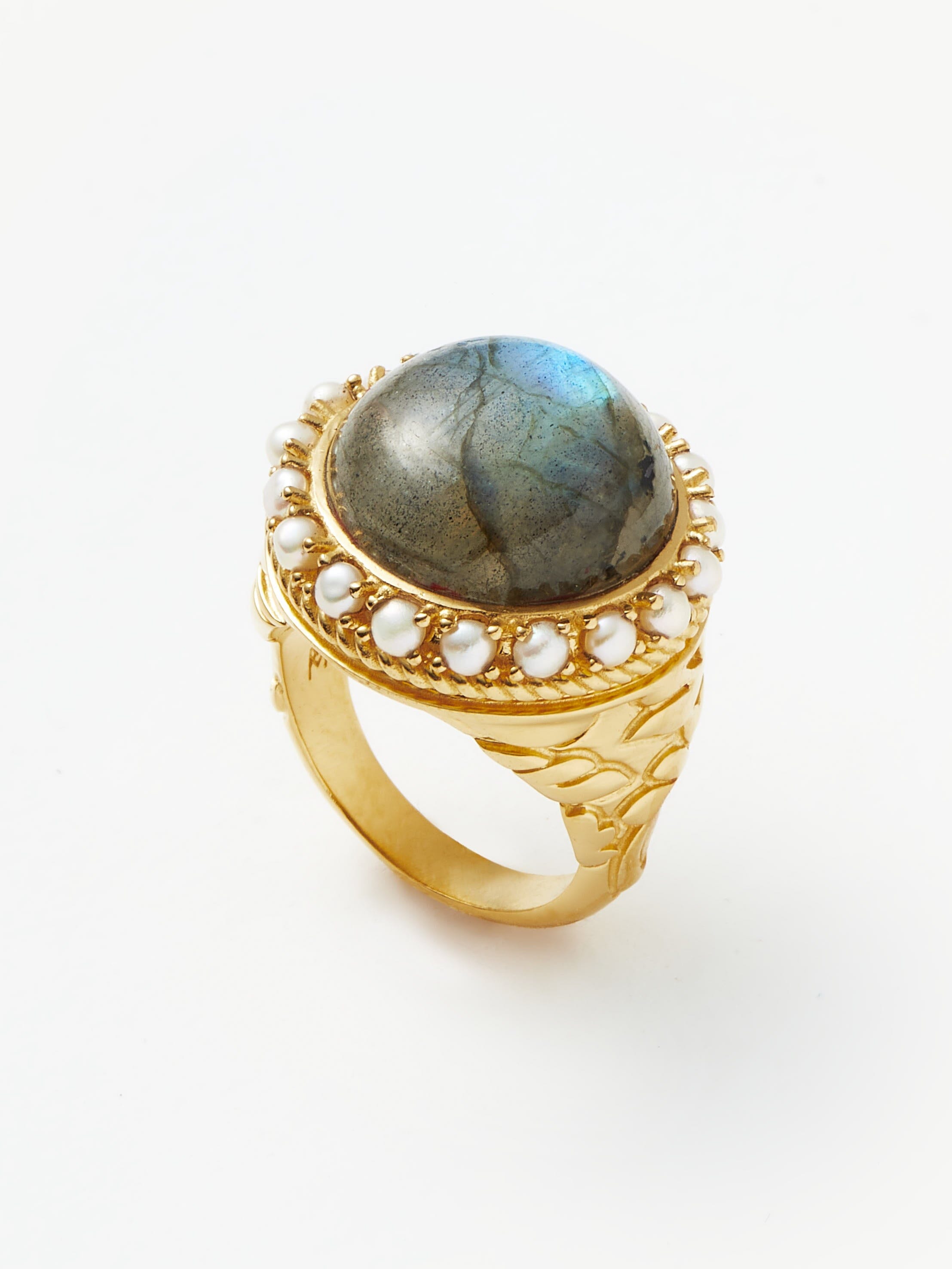 Harris Reed Labradorite Cocktail Ring - 18k Gold Plated Statement Ring with Genuine Labradorite & Pearl Accents | Elegant Jewelry for Evening Parties, Weddings & Special Occasions