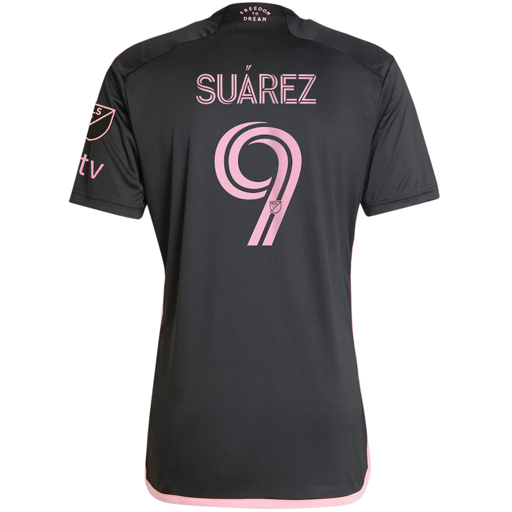 Adidas Inter Miami CF Luis Suarez 23/24 Away Jersey with MLS & Apple TV Patches - Black/Bliss Pink - Authentic Soccer Jersey for Fans & Players - Perfect for Game Day & Collectors