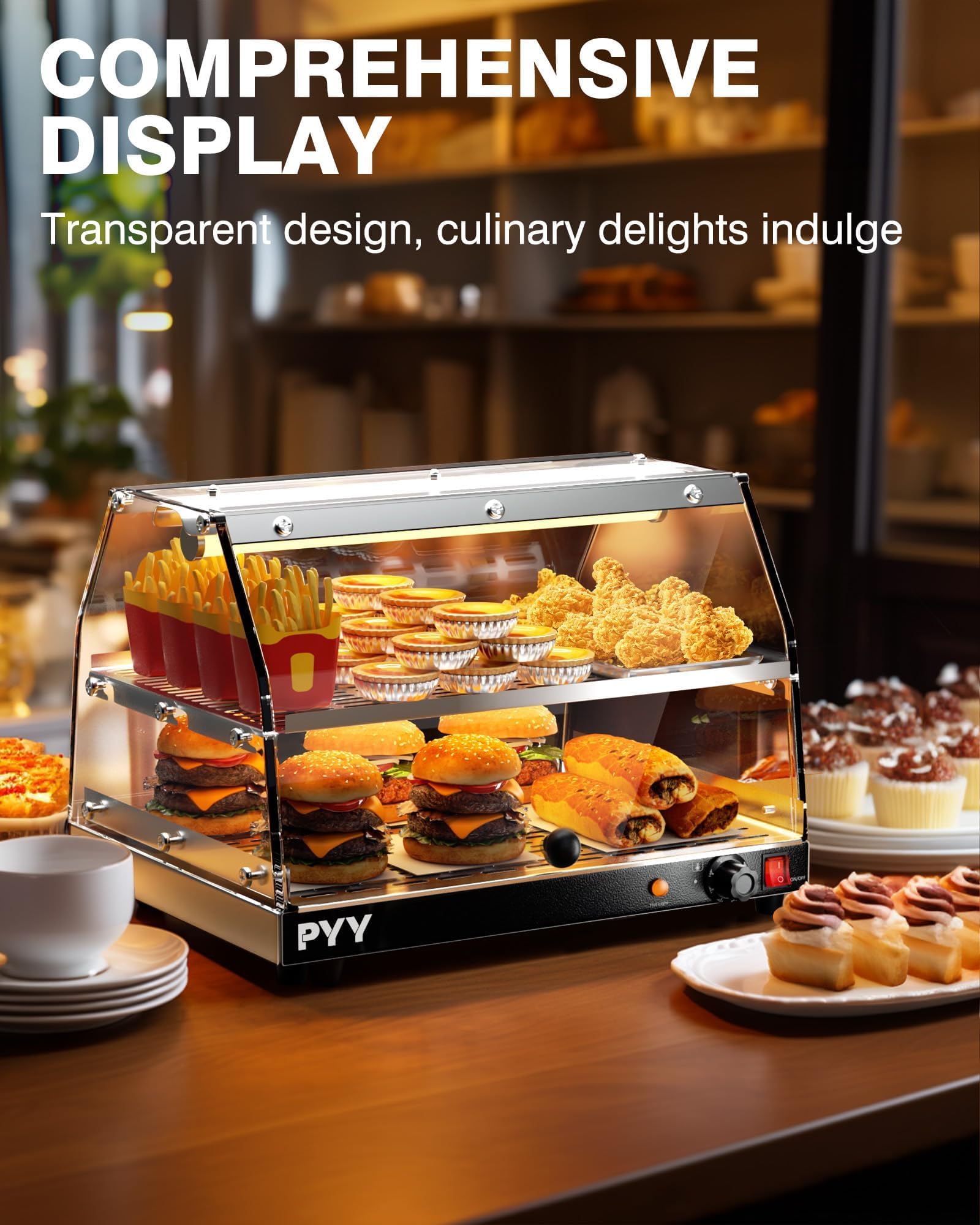 Commercial 2-Tier Pizza Warmer with LED Lighting - Countertop Food Display Warmer for Pastries, Pretzels & Snacks - Perfect for Bakeries, Cafes & Convenience Stores