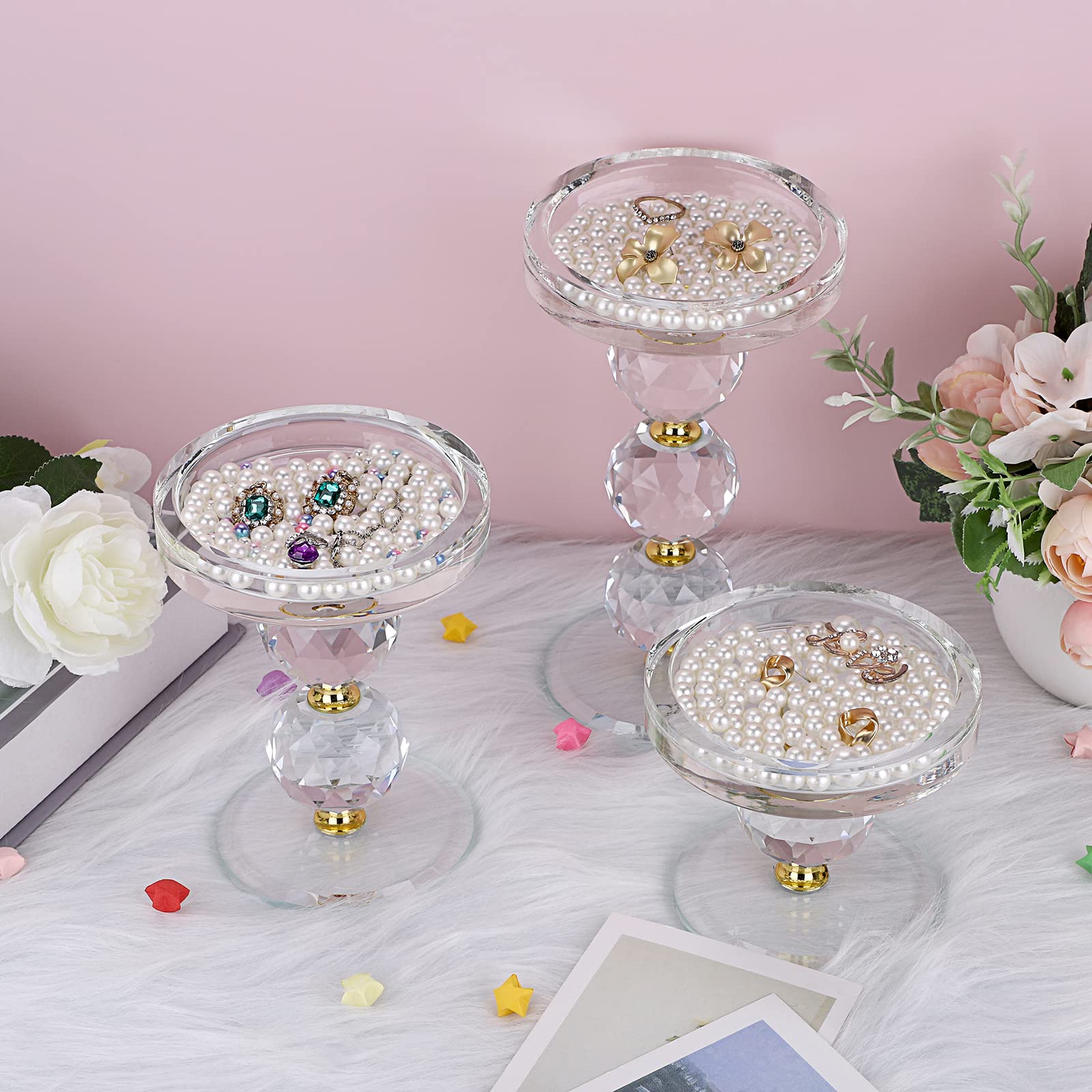 Set of 3 Gold Crystal Glass Pillar Candlestick Holders - Elegant Votive & Tea Light Candle Holders - Modern Candle Centerpiece for Wedding, Living Room, Dining Table Decor - Perfect for Romantic Dinners, Holiday Decorations & Special Events