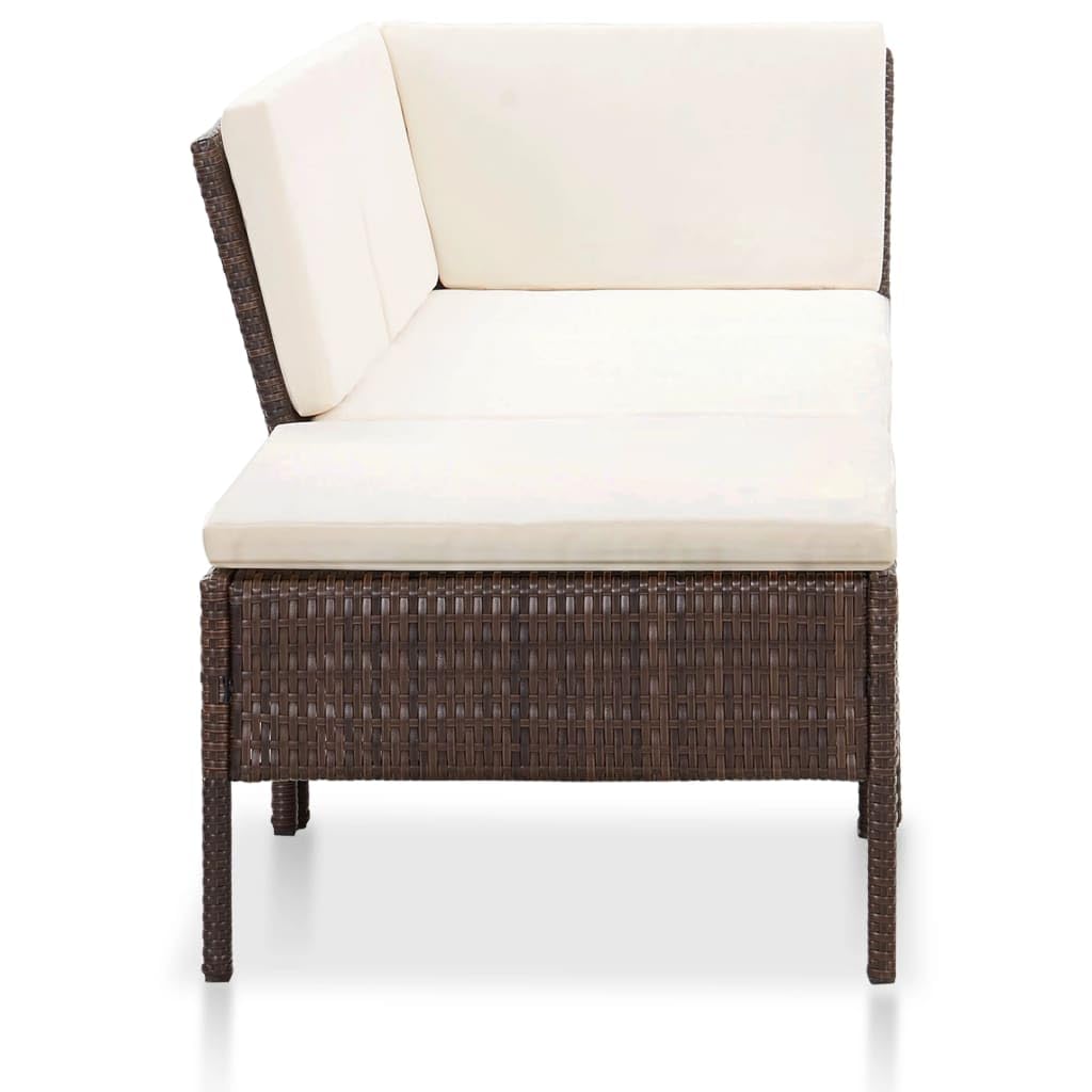 vidaXL 3-Piece Brown Poly Rattan Patio Lounge Set with Cream White Cushions - Outdoor Furniture for Garden, Poolside & Backyard Relaxation