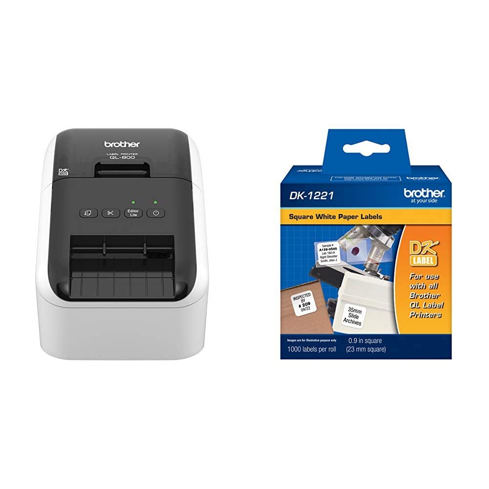 Brother QL-800 High-Speed Professional Label Printer with Plug & Label Feature - Includes Genuine DK Pre-Sized Labels & DK1221 Square Paper Labels (1000 Labels) - Perfect for Shipping, Inventory & Small Business Organization