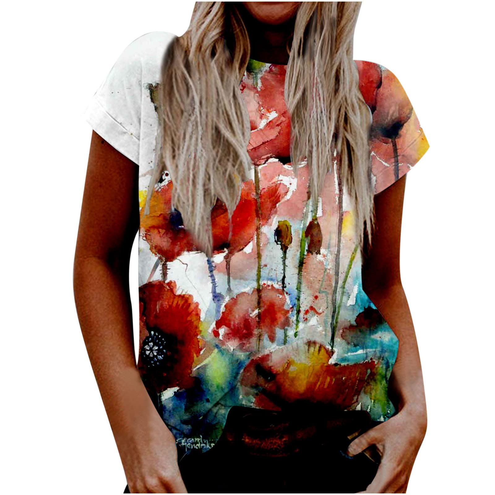Women's Floral Print Short Sleeve T-Shirts - Summer Colorful Round Neck Blouses & Casual Fashion Tops for Outdoor Activities, Beach Vacations and Daily Wear