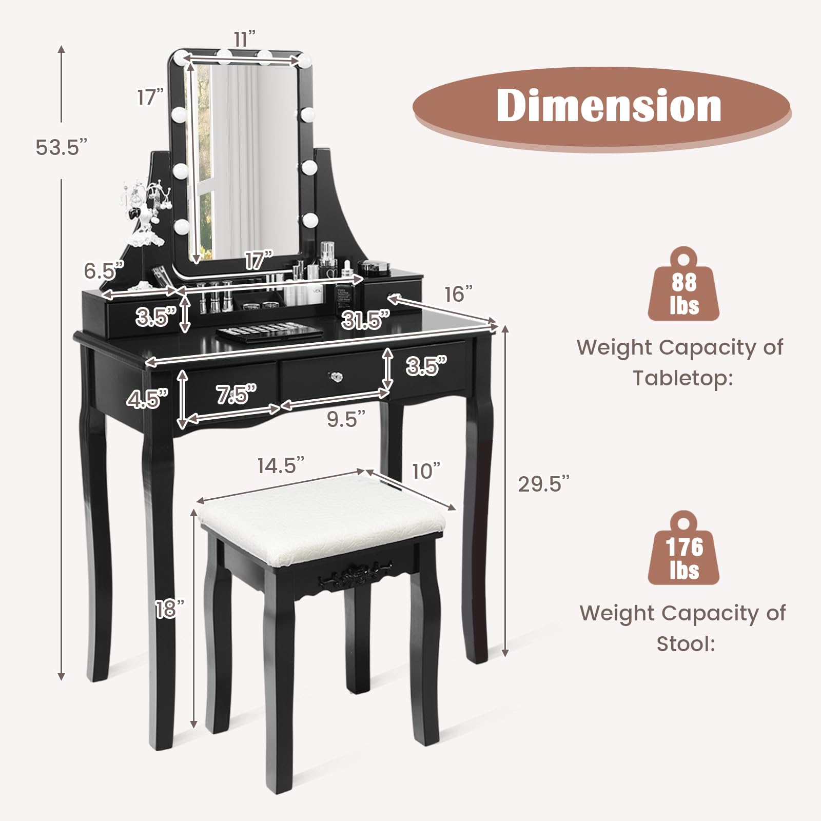 Charmaid Vanity Desk with LED Lights & Mirror - Modern Makeup Dressing Table with 5 Storage Drawers, 3-Color Lighting Modes & Adjustable Brightness - Includes Vanity Stool (Black) - Perfect for Bedroom, Dressing Room & Beauty Salon Setup