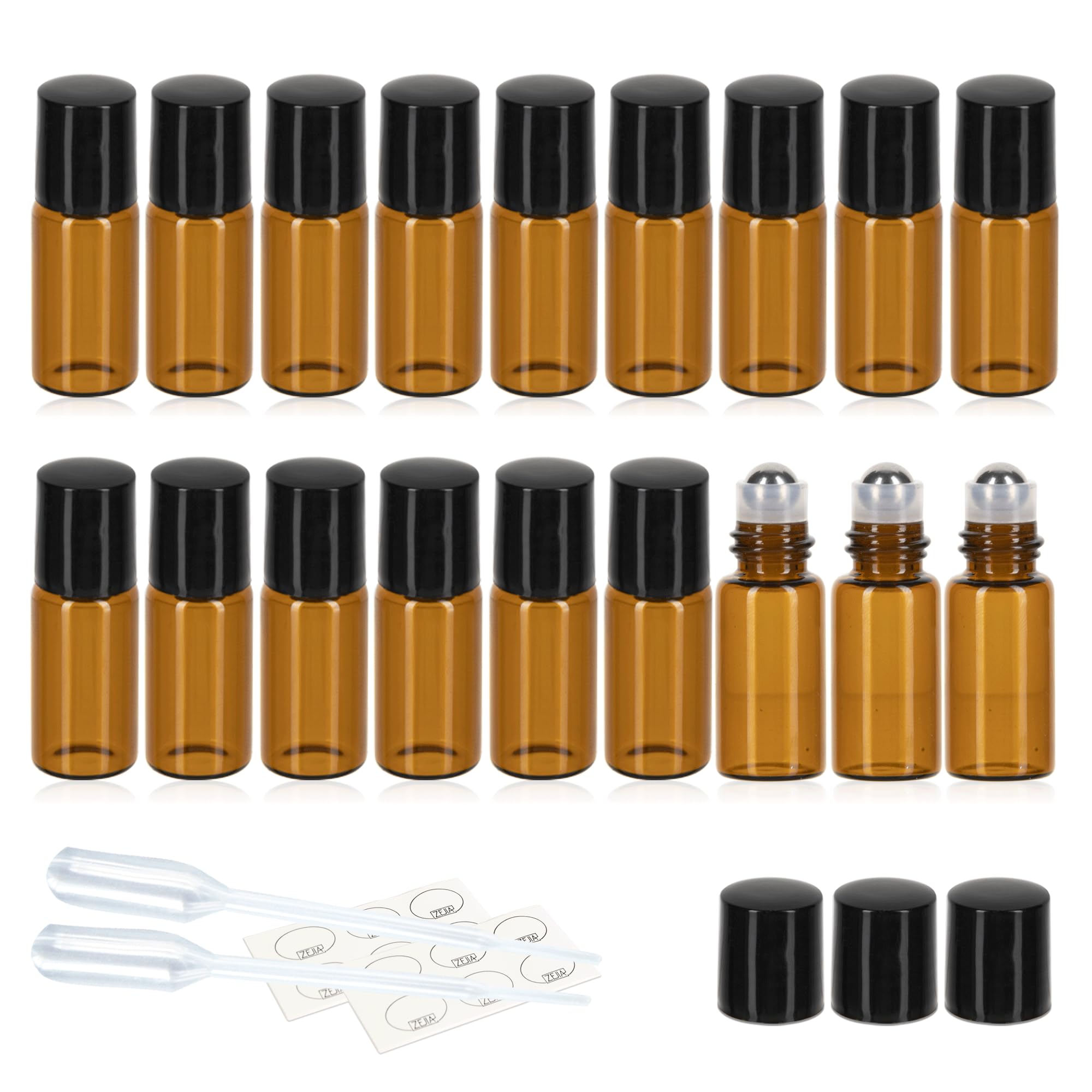 **ZEJIA 24-Pack 3ml Amber Glass Roller Bottles with Stainless Steel Roller Balls & 2 Droppers – Essential Oil, Aromatherapy, DIY Skincare & Perfume Refillable Containers**