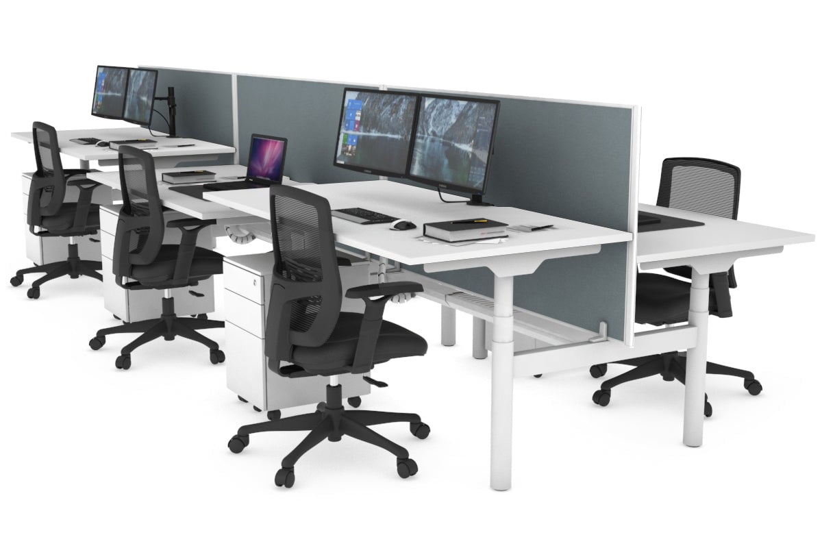 Flexi Premium Height Adjustable 6-Person H Bench Workstation - White Frame [1800L x 800W with Cable Management] - Ideal for Office, Coworking Spaces & Collaborative Work Environments