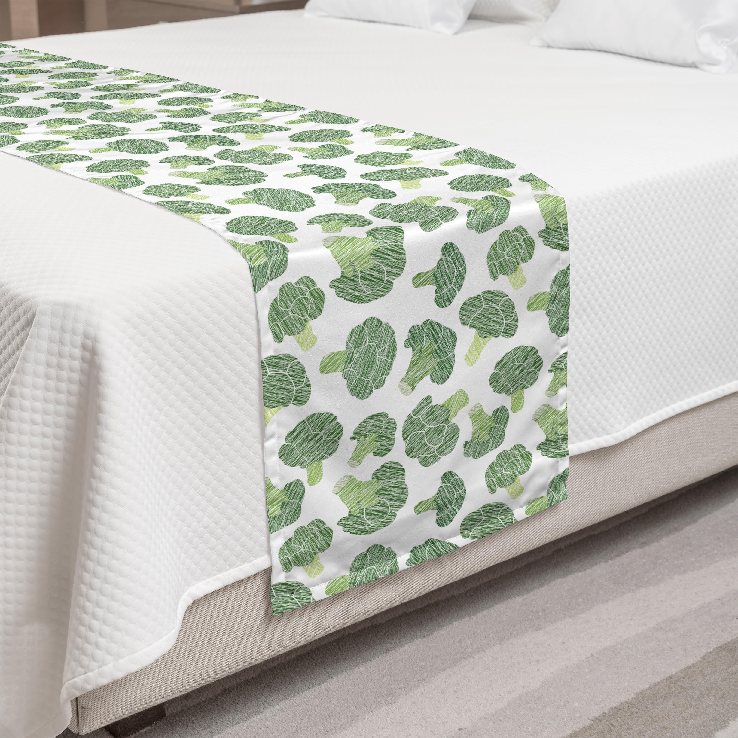 Ambesonne Vegetables Bed Runner - Continuous Food Pattern with Sketchy Hatched Broccoli Print, Decorative Bed Scarf for Home, Hotel & Guest Room Decor - Fern Green & Pale Green - Perfect for Farmhouse, Kitchen & Garden Themed Bedrooms