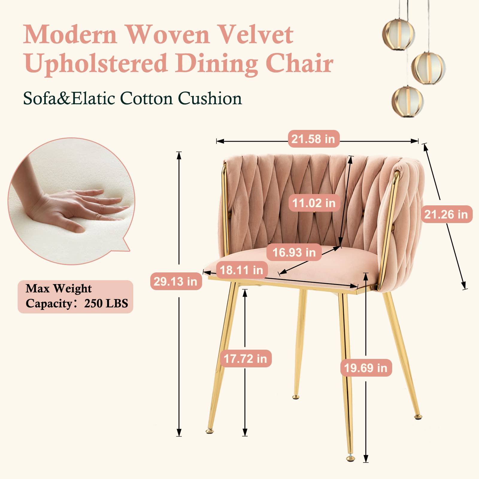 NIOIIKIT Modern Velvet Dining Chairs Set of 2 - Handwoven Upholstered Accent Chairs with Golden Metal Legs for Living Room, Dining Room, Kitchen & Vanity (Pink) - Perfect for Home Decor, Entertaining & Small Space Seating