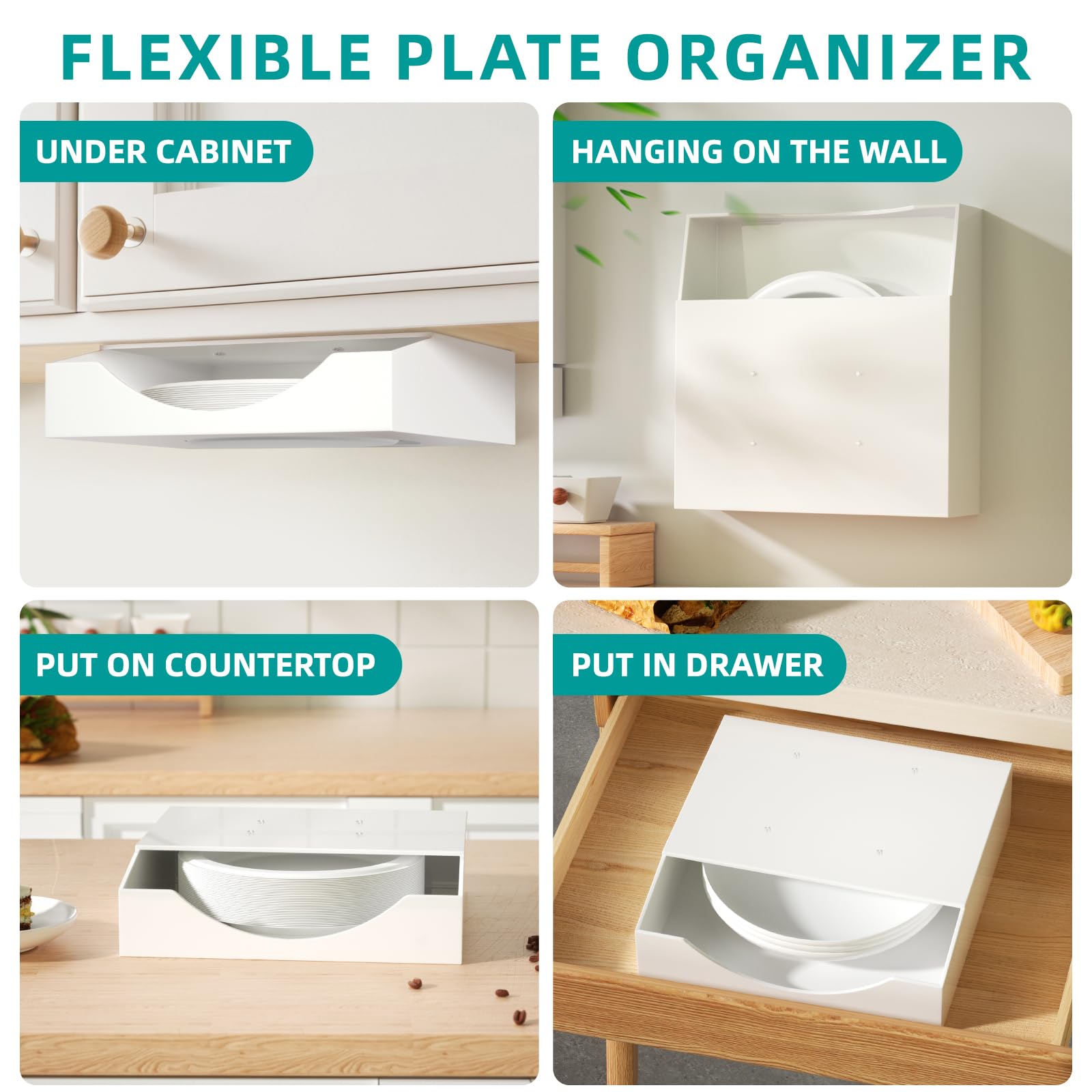 8/9/10 Inch Acrylic Paper Plate Dispenser - 4mm Thick Wall Mounted Plate Holder Organizer for Kitchen Cabinet & Countertop - Sturdy White Plate Storage for Indoor & Outdoor Dining, BBQs, Picnics & Parties
