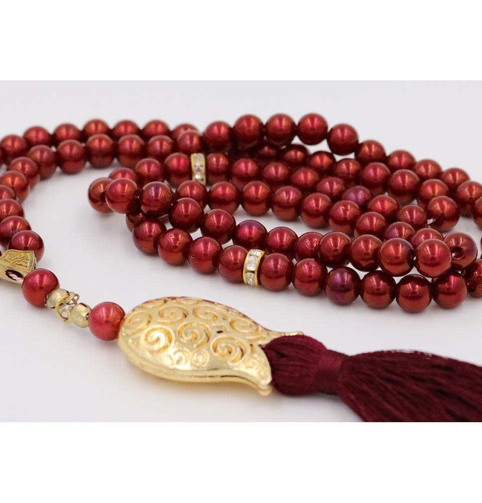 99-Count Acrylic Pearl Islamic Tesbih Prayer Beads with Tulip Tassel - Burgundy Color for Muslim Worship, Meditation & Stress Relief