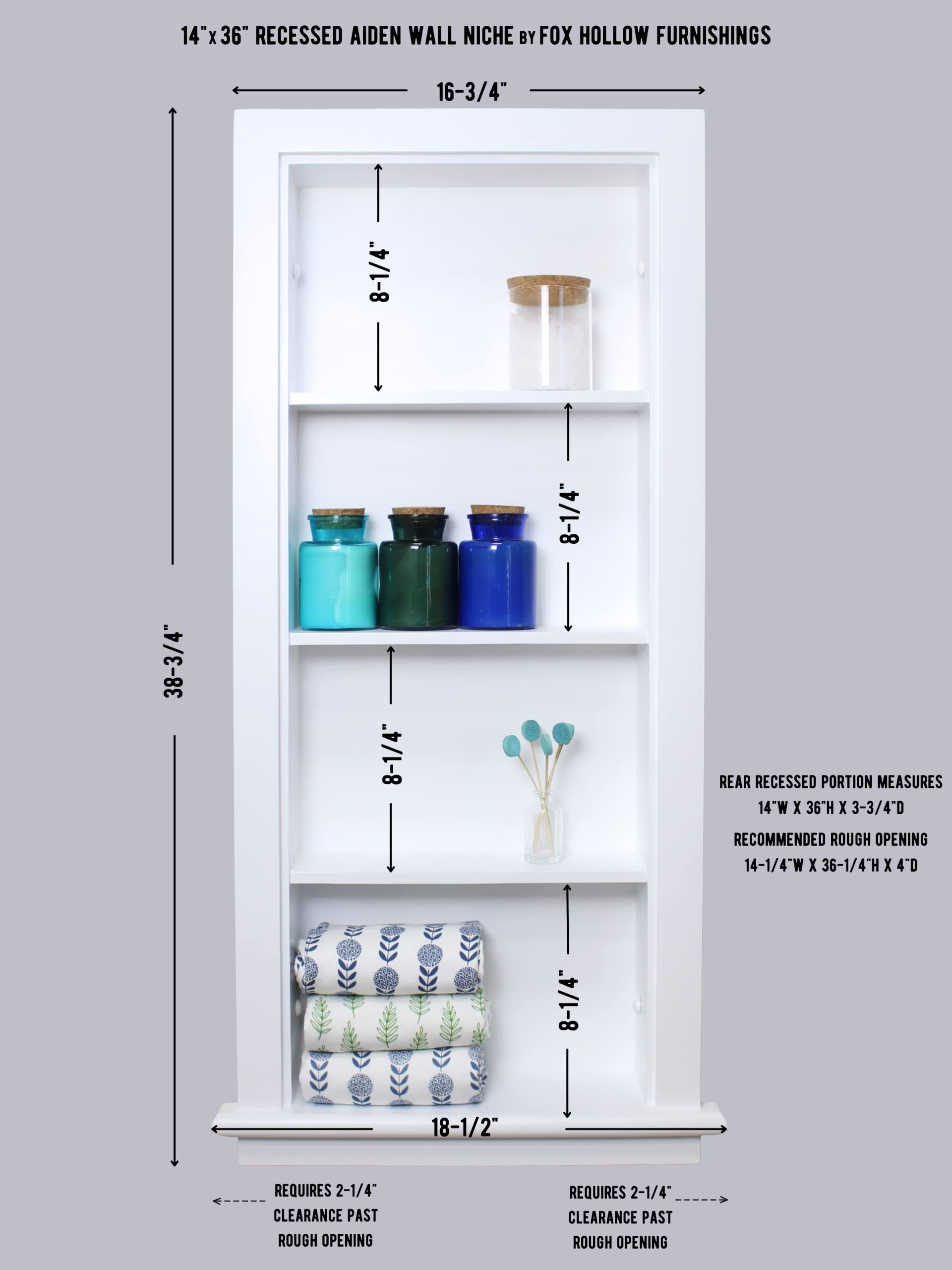 Fox Hollow Furnishings 14x36 Aiden Recessed Wall Niche Medicine Cabinet - Real Wood Bathroom Storage Shelf (No MDF) - White Plain Design - Made in USA - Perfect for Bathroom Organization & Modern Home Decor