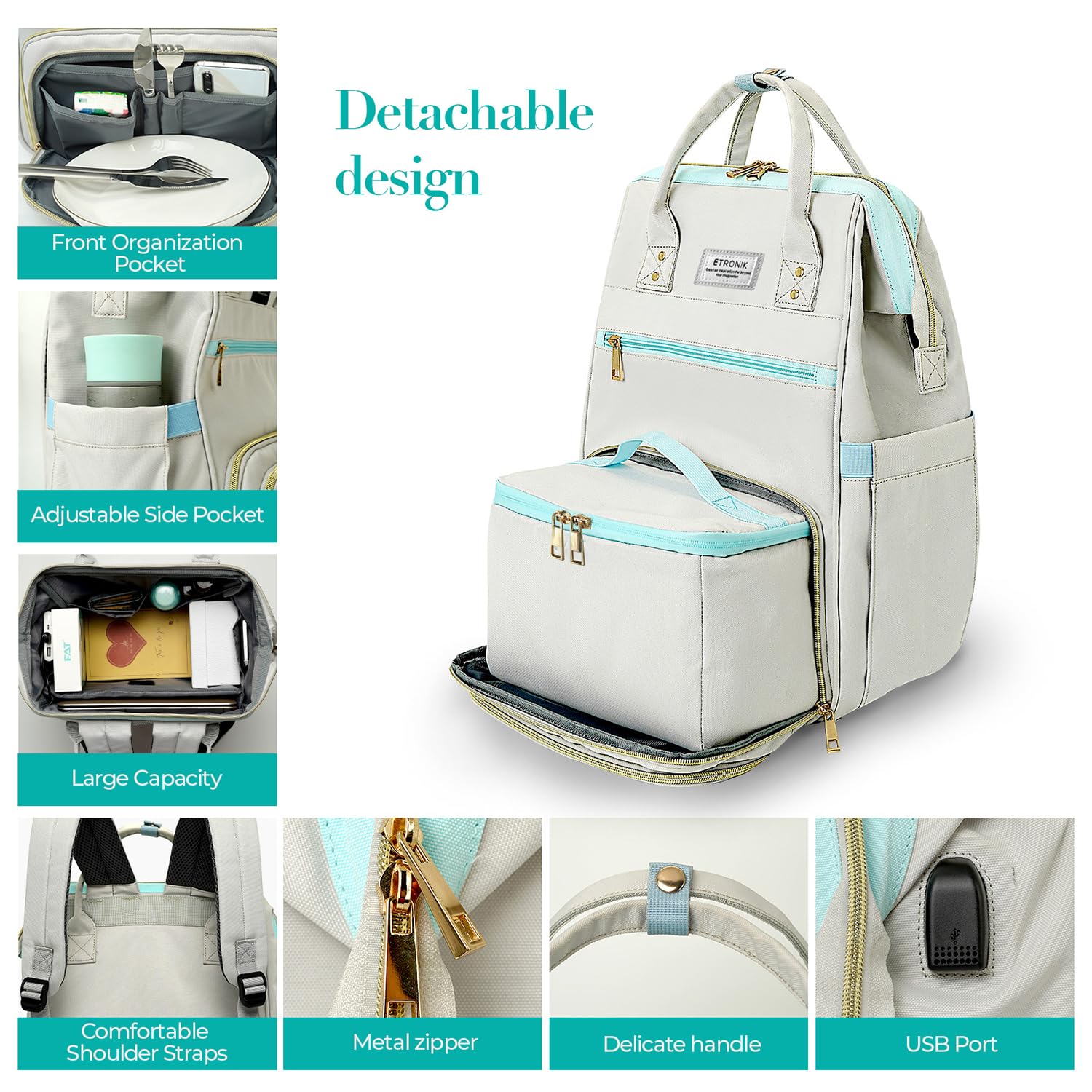 ETRONIK 15.6 Inch Laptop Backpack with USB Charging Port & Insulated Lunch Box - Stylish Work Bag for Nurses, Teachers, Men & Women - Perfect for Office, School & Travel (Grey Blue)