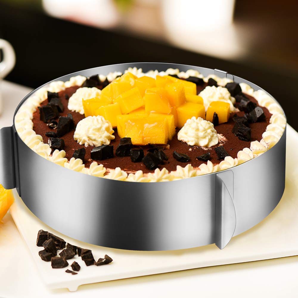Adjustable Stainless Steel Cake Mould Ring 6.5-12 Inch for Mousse Cake Baking - Includes 5.5 x 394 Inch Clear Cake Collar Strips & Acetate Sheets for Cake Rolls, Mousse, and Dessert Decorations - Perfect for Home Bakers and Professional Pastry Chefs