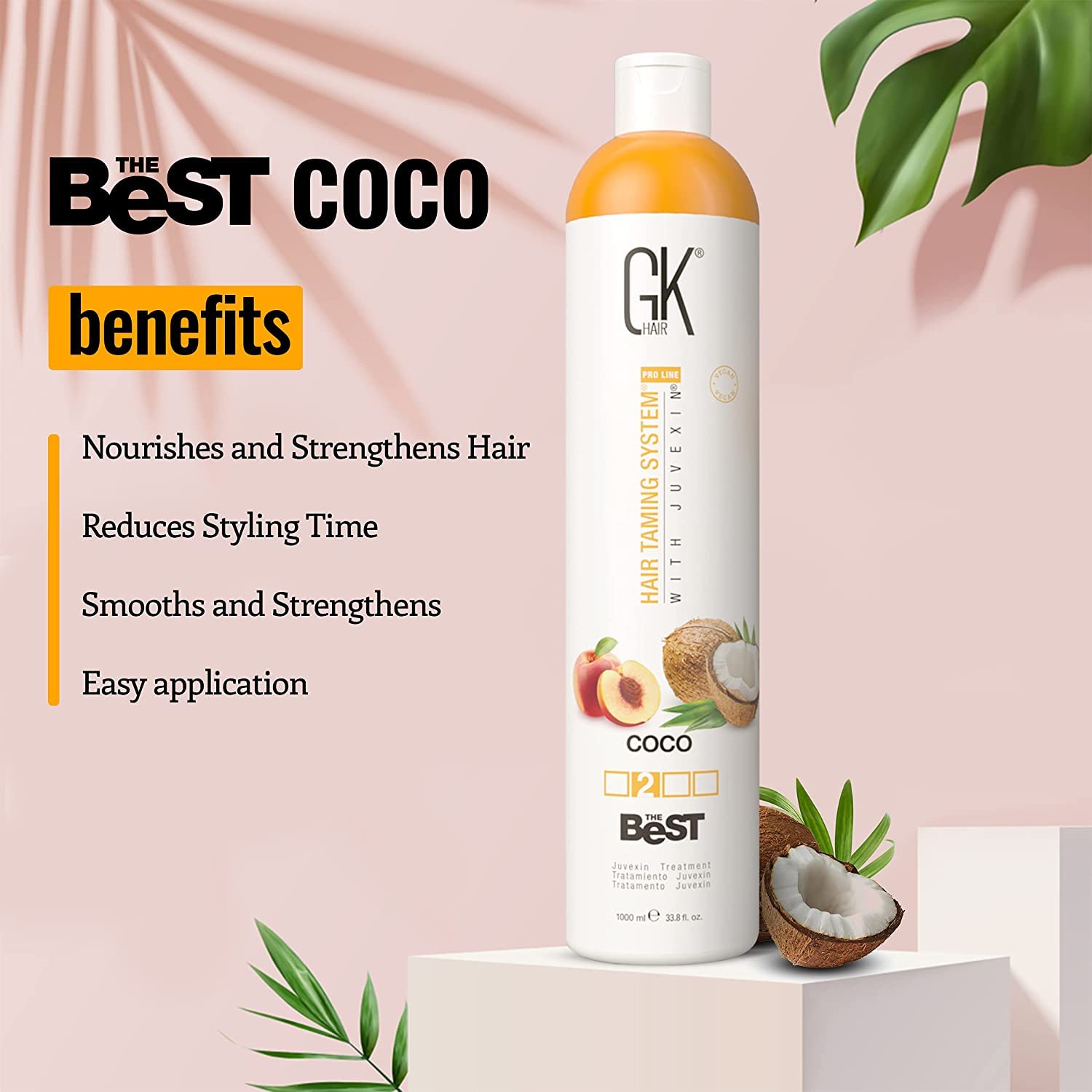GK HAIR Global Keratin The Best COCO (33.8 Fl Oz/1000ml) Smoothing Keratin Treatment - Professional Brazilian Blowout for Frizz-Free, Silky Hair | Salon-Quality At-Home Straightening for Damaged & Curly Hair | Perfect for Weddings, Special Events & Daily Styling