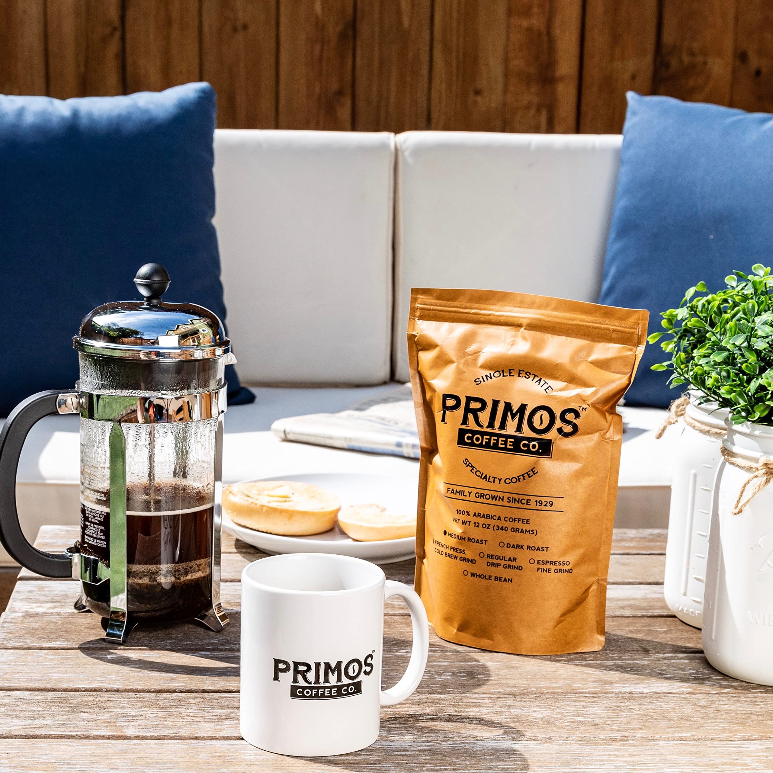 Primos Coffee Co Dark Roast Specialty Coffee - Coarse Ground for French Press (12 Oz) | Perfect for Home Brewing, Camping & Office Use