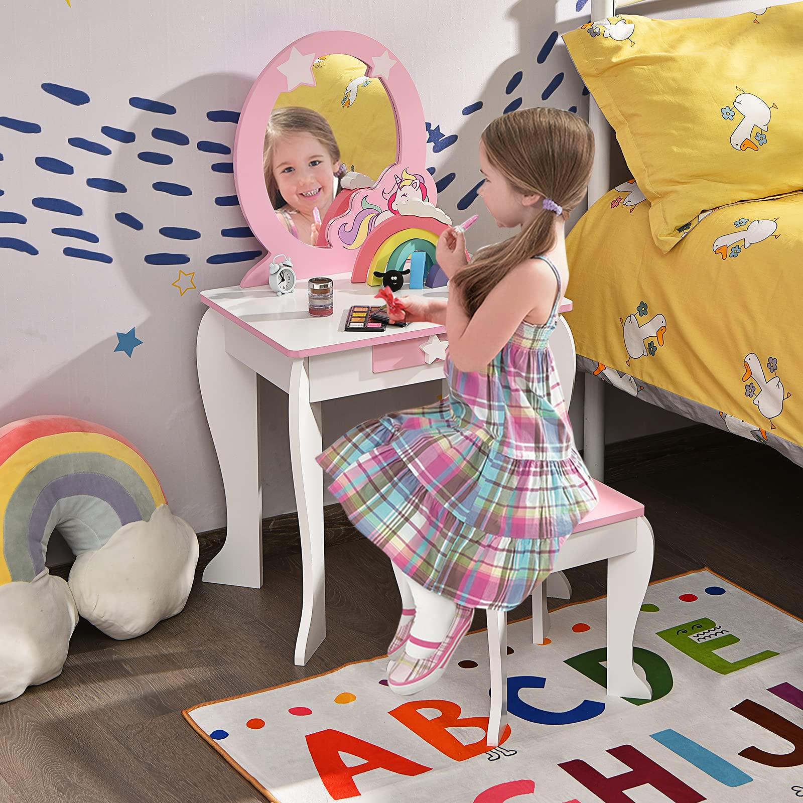 KOTEK 2-in-1 Wooden Princess Makeup Vanity Set with Mirror, Stool & Storage Drawer - Detachable Top Kids Dressing Table for Girls, White Star - Perfect for Pretend Play, Birthday Gifts & Bedroom Decor