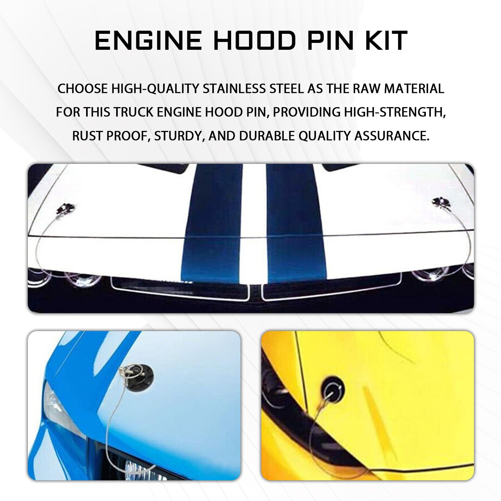 Stainless Steel Hood Pins Kit for Cars - Universal Hood Latch Lock with Racing Lanyard, Secure Car Hood & Reduce Wobble - Fits Most Trucks, SUVs & Vehicles (Silver) | Perfect for Racing, Off-Roading & Car Modifications