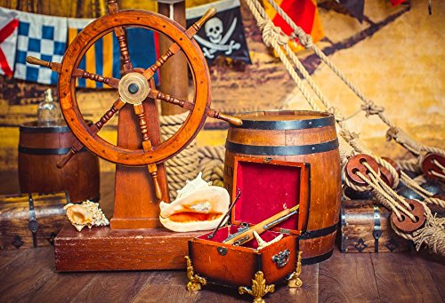 5x3ft Pirate Theme Vinyl Photo Backdrop - Marine Corsair Treasure Hunt with Helm, Chest & Conches for Boys Birthday Party, Portrait Photography & Wall Decoration | Perfect for Pirate-Themed Events, Kids Room Decor & Adventure Photo Shoots