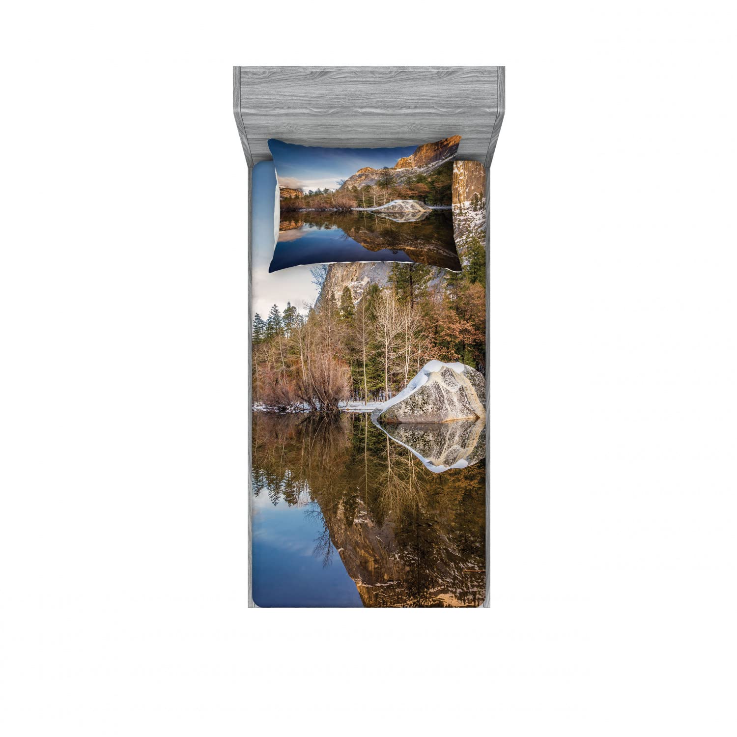 Ambesonne 2-Piece Twin Fitted Sheet Set with 2 Pillow Shams - Lake Mountain Sunset Design, Navy Brown Bedding Decor for Cozy Bedroom & Guest Room