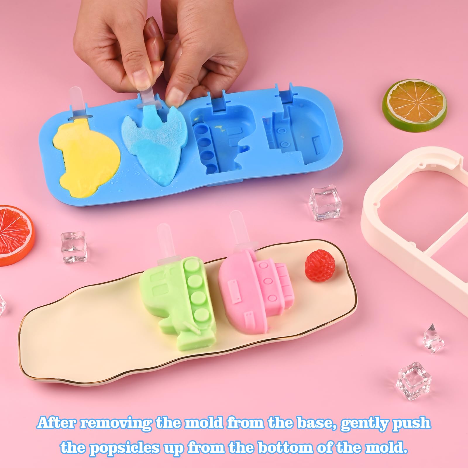Sakolla 2 Pack Silicone Popsicle Molds with Lid - 4-Cavity Mini Ice Pop Molds for Kids in Fun Car, Ship, Train, Rocket & Dinosaur Shapes (Green & Blue) - Perfect for Summer Treats, Birthday Parties & DIY Frozen Snacks